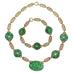A Set Chinese Style 14K Gold Jade Engraved  Necklace & Bracelet