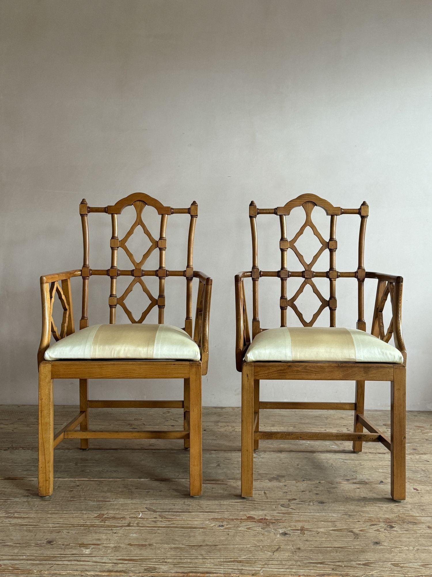 A set of 20thC Beech Chinese chippendale style dining chairs. Consisting of 6 armchairs and four side chairs with upholstered seats. The set could be split if required. Price shown is for the 10 chairs. Dimensions : Armchairs: H seat 49cm H back