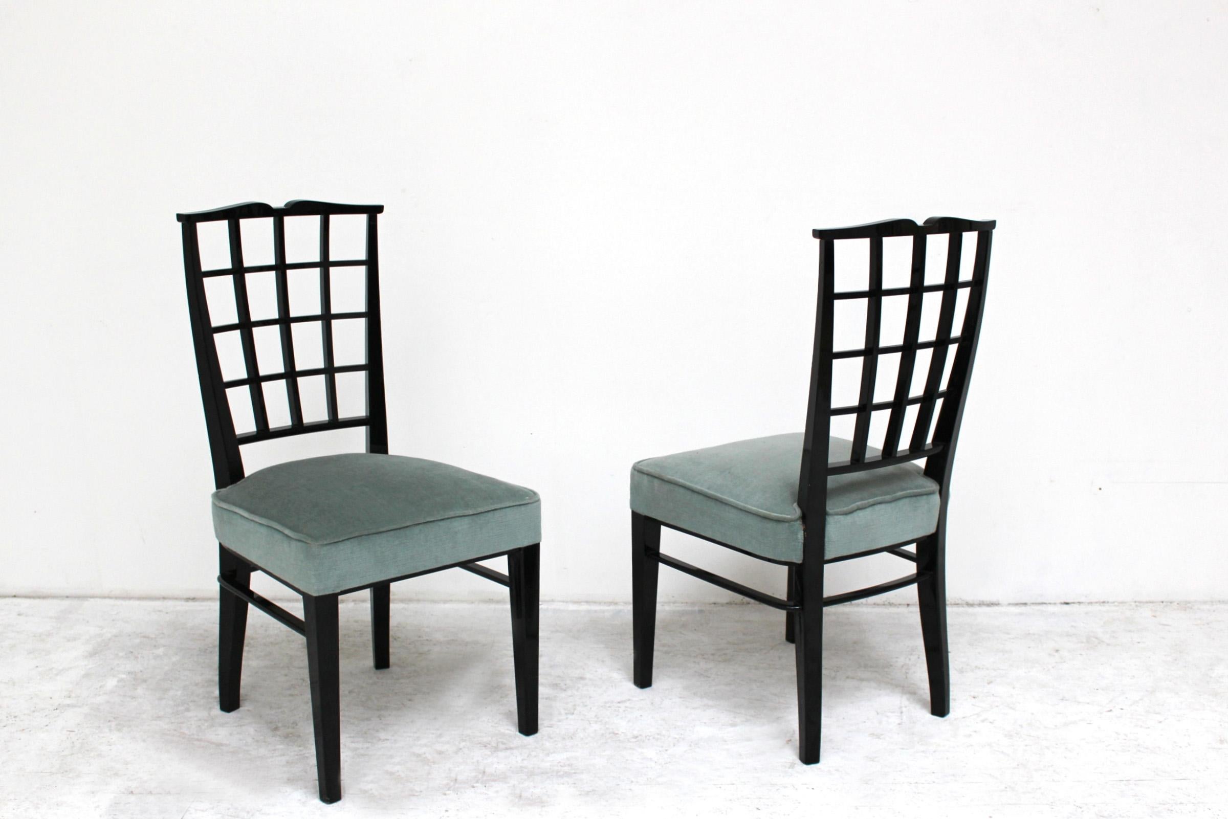 Mid-20th Century Set of 10 Fine French Art Deco Black Lacquered Chairs by Dominique For Sale