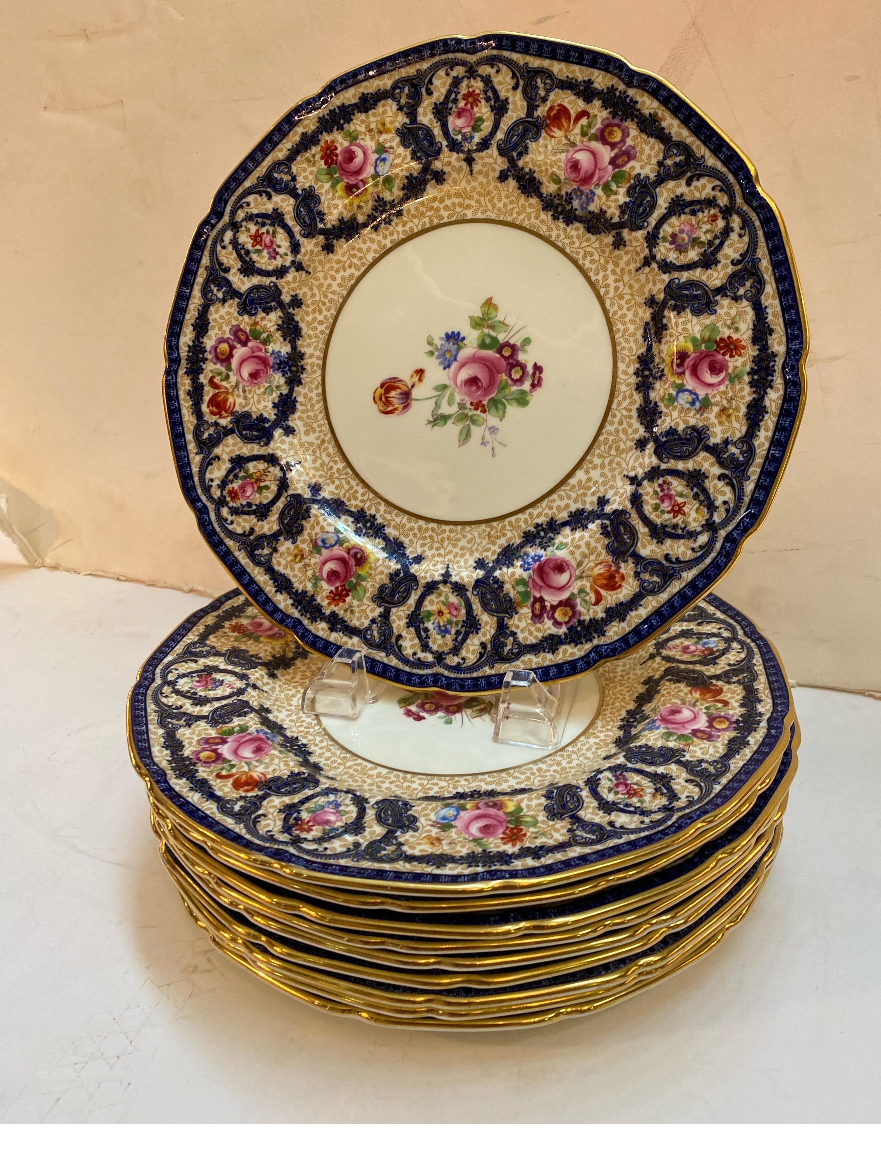 Porcelain A Set of 10 Hand Painted Antique Service Plates by Royal Doulton Circa 1915 For Sale