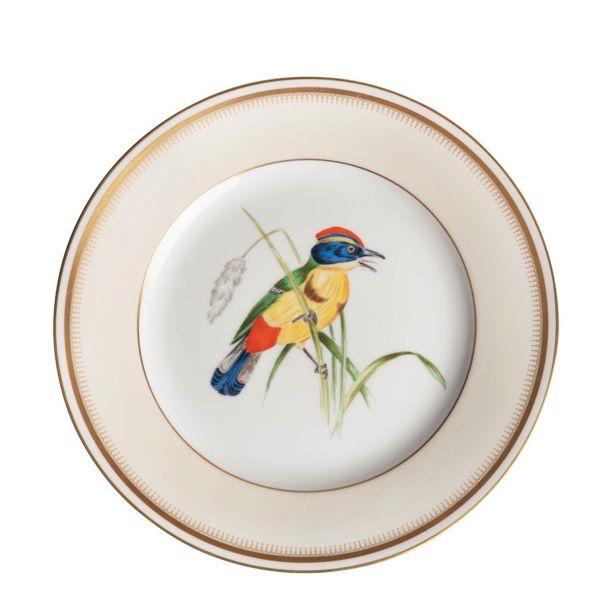 A set of 10 hand painted porcelain Vista Alegre dessert plates, each painted in bright colours with a different exotic Brazilian bird within a gilt hand chased border, the reverse with the name of the bird species, ‘VA Portugal’ in green and ‘Made