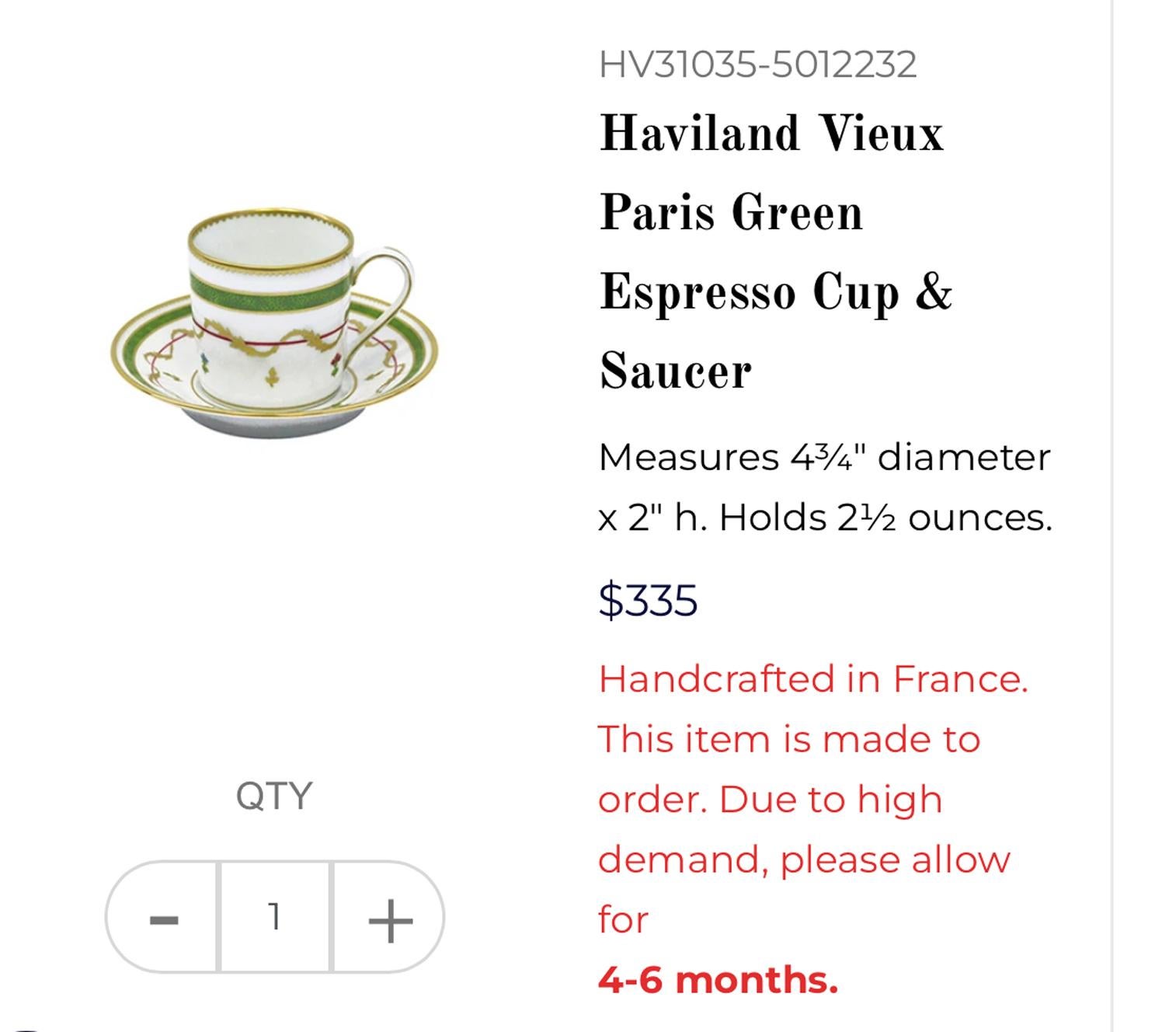 A set of 10 Haviland Vieux Paris Green Espresso Cups & Saucers,  Limoges, France In Excellent Condition For Sale In Stockholm, SE