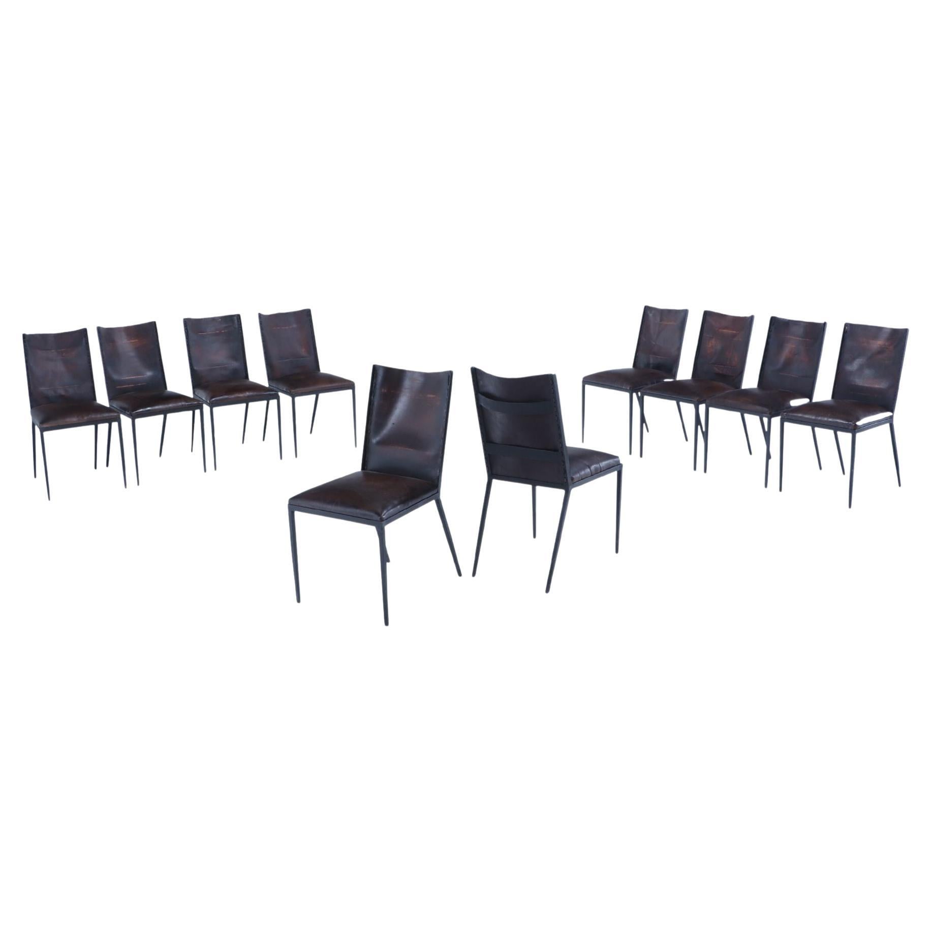 A set of 10 iron and leather dining chairs, in the manner of J.M Frank For Sale