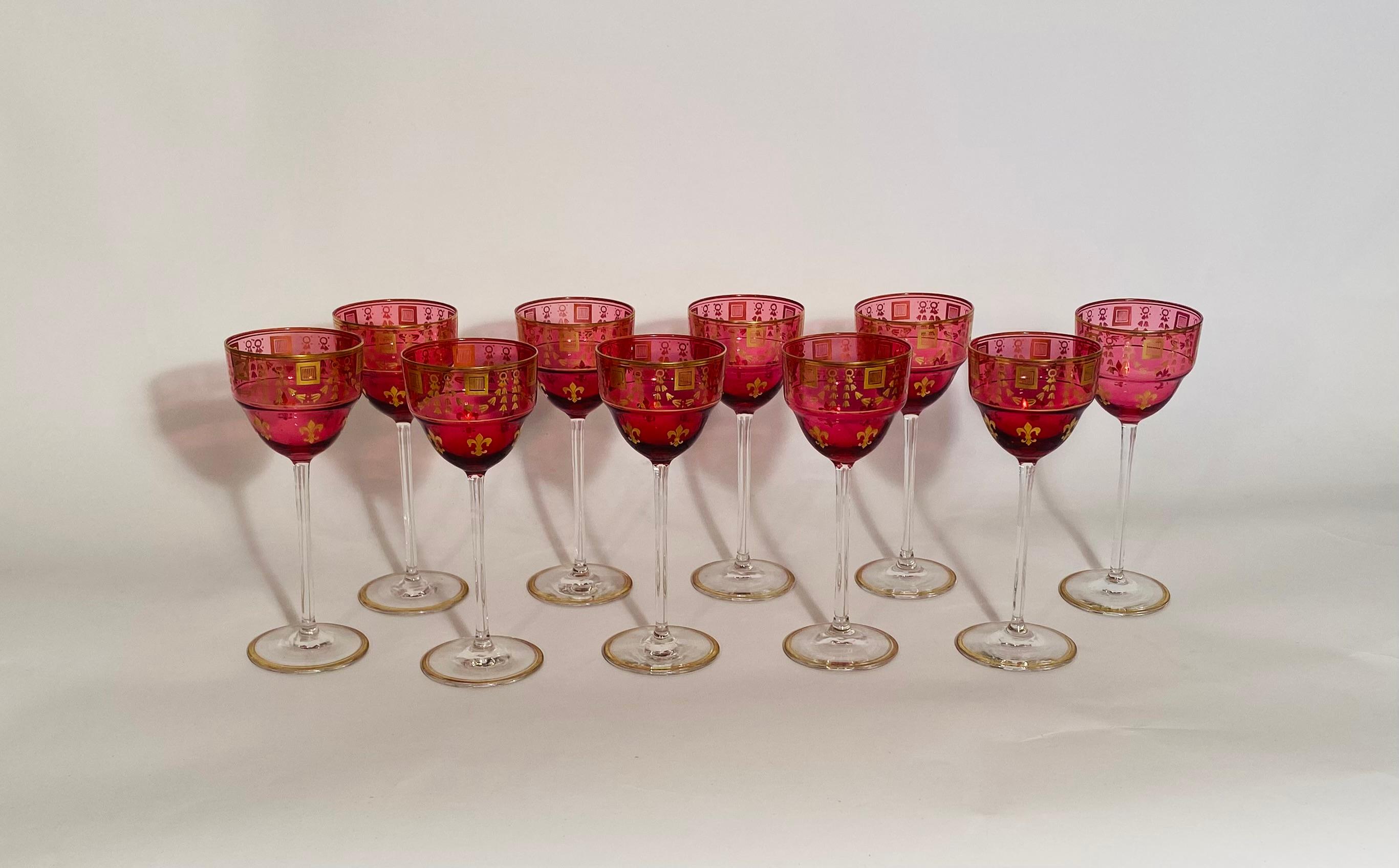 Napoleon III A Set of 10 Ruby Gilt Wine Glasses, Antique French Circa 1900. Fleur de Lis  For Sale