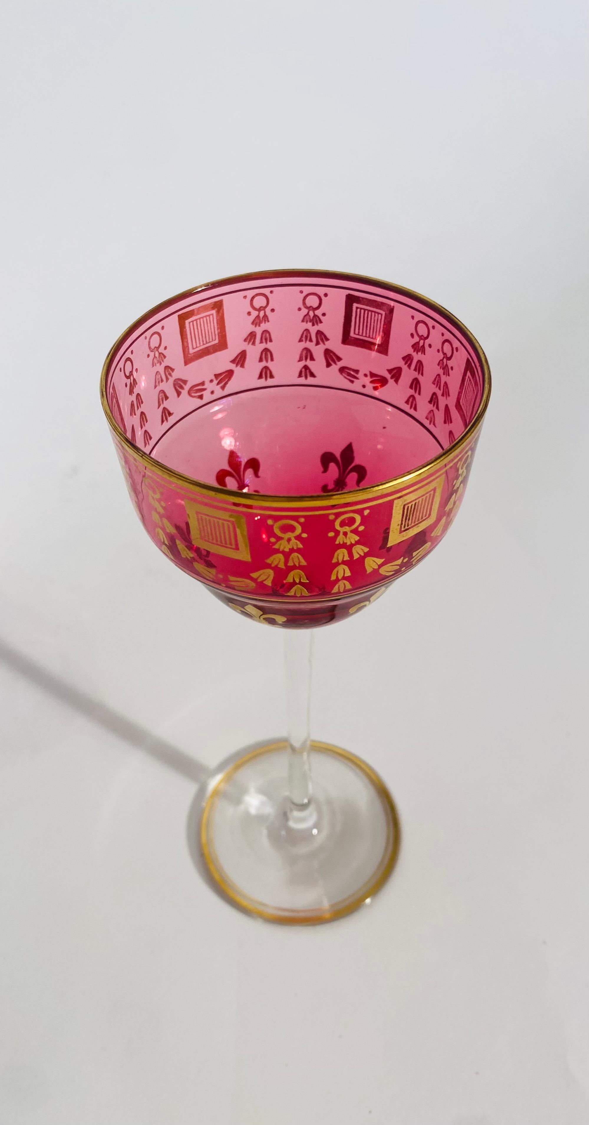 Hand-Crafted A Set of 10 Ruby Gilt Wine Glasses, Antique French Circa 1900. Fleur de Lis  For Sale