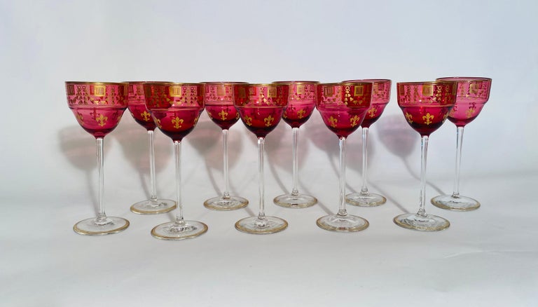 A Set of 10 Ruby Gilt Wine Glasses, Antique French Circa 1900. Fleur de Lis  For Sale at 1stDibs