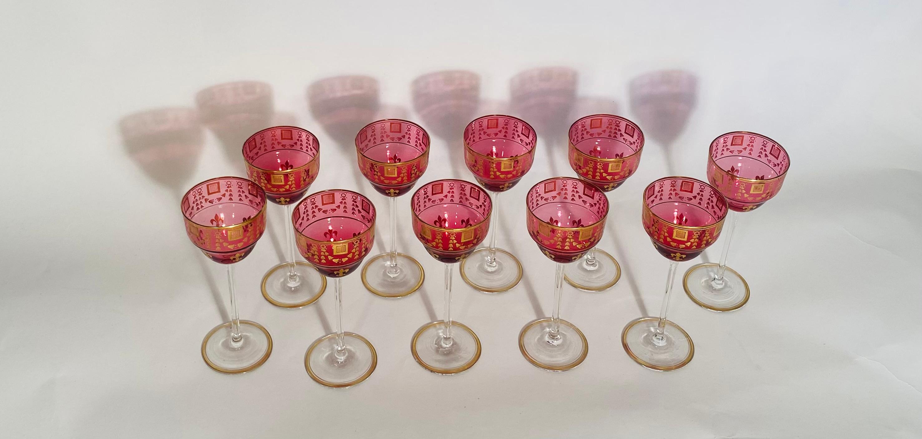 Early 20th Century A Set of 10 Ruby Gilt Wine Glasses, Antique French Circa 1900. Fleur de Lis  For Sale