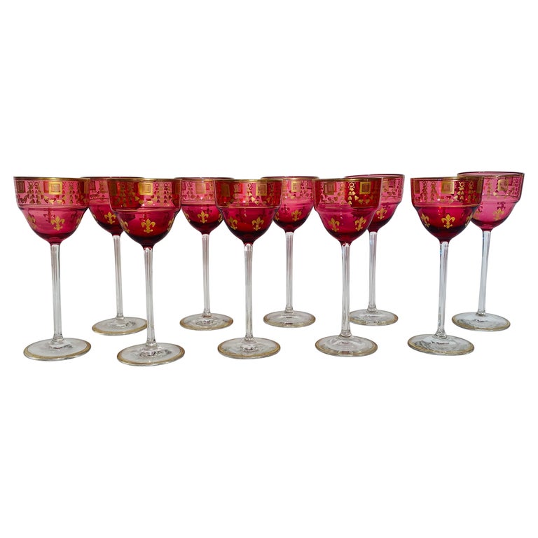 A Set of 10 Ruby Gilt Wine Glasses, Antique French Circa 1900. Fleur de Lis  For Sale at 1stDibs
