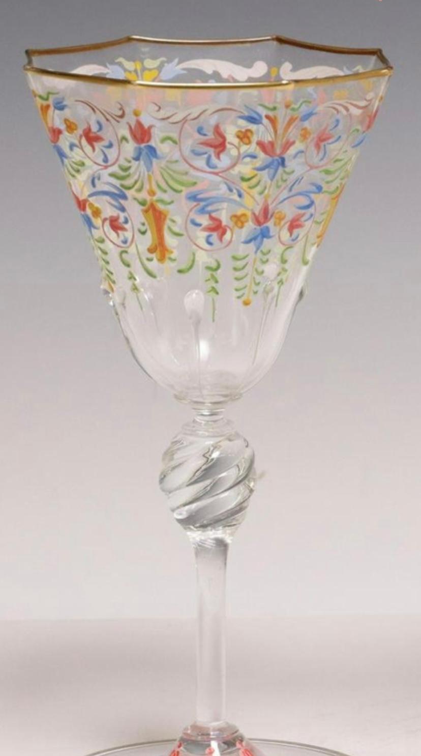 Hand-Crafted A Set of 11 Antique Venetian Goblets, Beautiful Enamel Work & Knob Stems