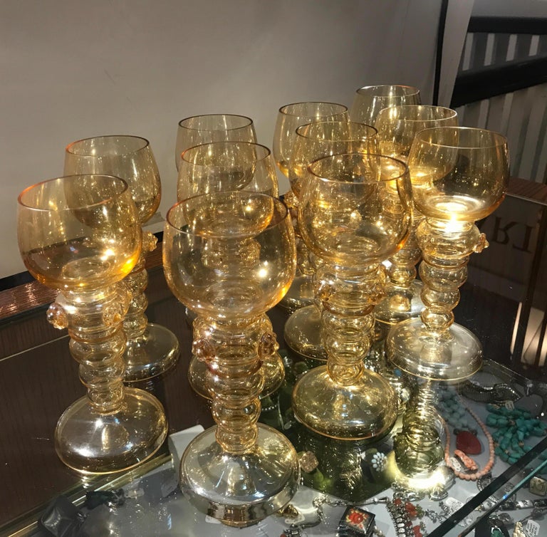 Set of 12 19th Century Hand Blown Iridescent Amber Glass Rhine Wine
