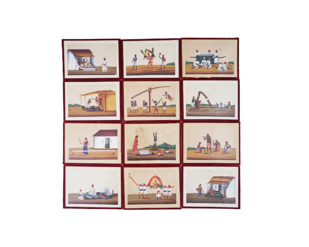 A set of antique late 19th-century Indian minitature paintings. Watercolor on paper. Company school. A total of 12 items. The artworks depict scenes of everyday life. White mat, buckram framing. Company school, also called Patna painting, is style