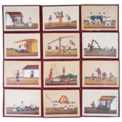 Ein Satz von 12 antiken Miniatur-Gemälden der Indian Company School