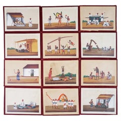 Ein Satz von 12 antiken Miniatur-Gemälden der Indian Company School