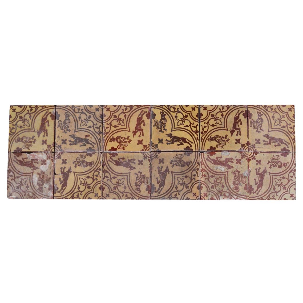 Set of 12 Antique Medieval Style Encaustic Tiles For Sale