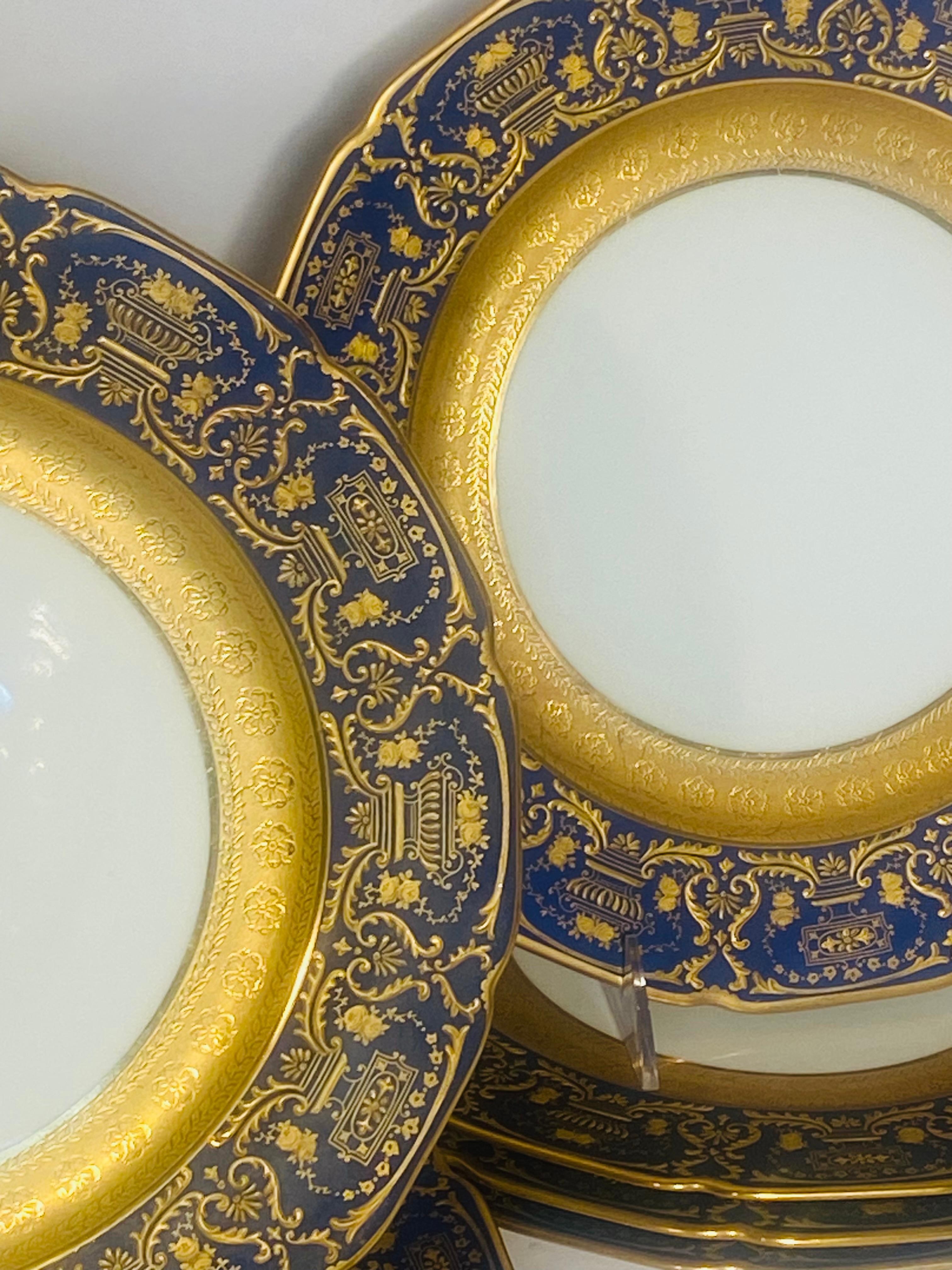Hand-Crafted A Set of 12 Cobalt Blue & Raised Gilt Antique Limoges Dinner Plates Circa 1900 For Sale