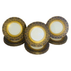 Juego de 12 platos antiguos de Limoges azul cobalto y dorado en relieve Circa 1900