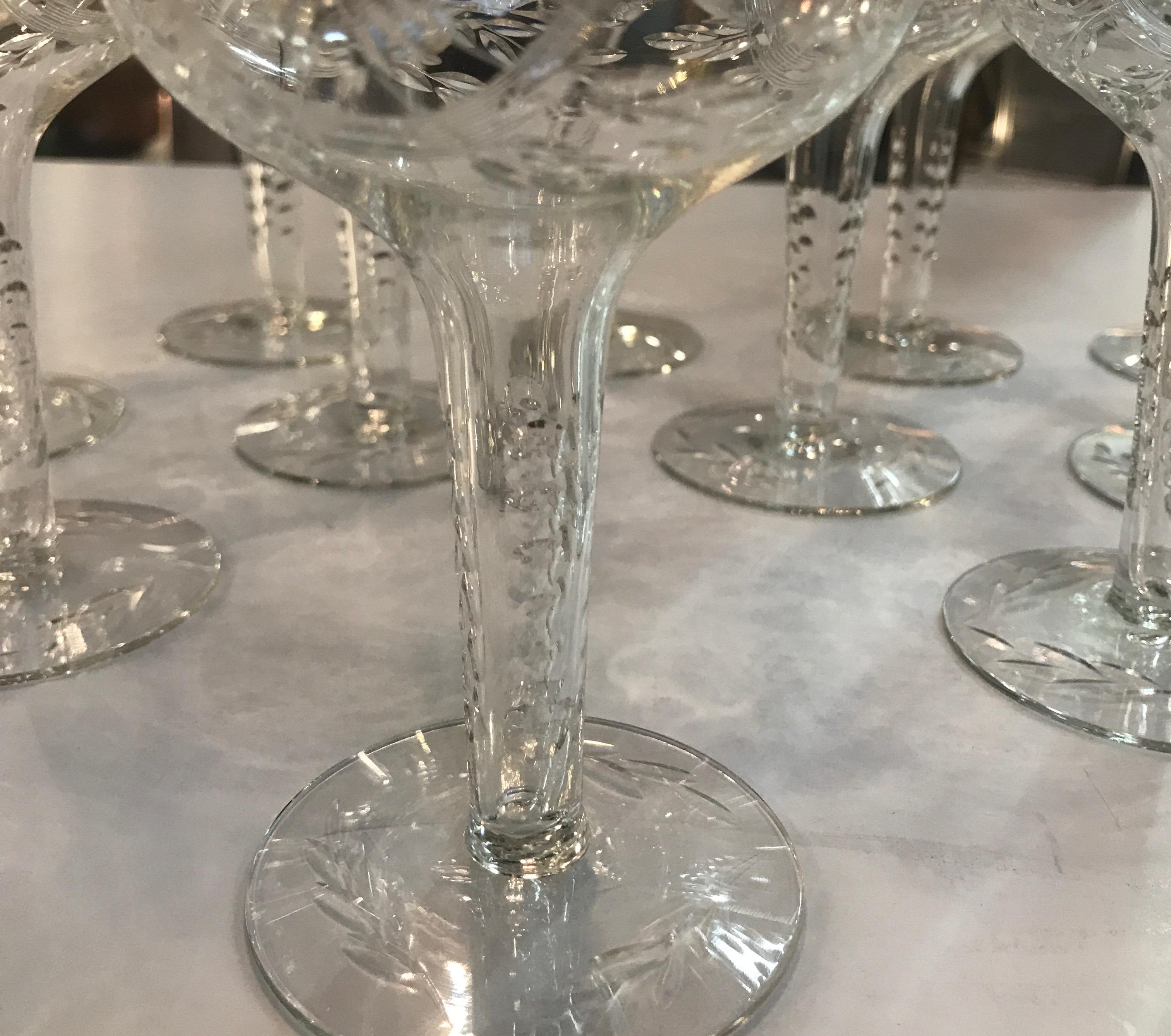 Edwardian Set of 12 Early 20th Century Champagne Coupes with Hollow Stems