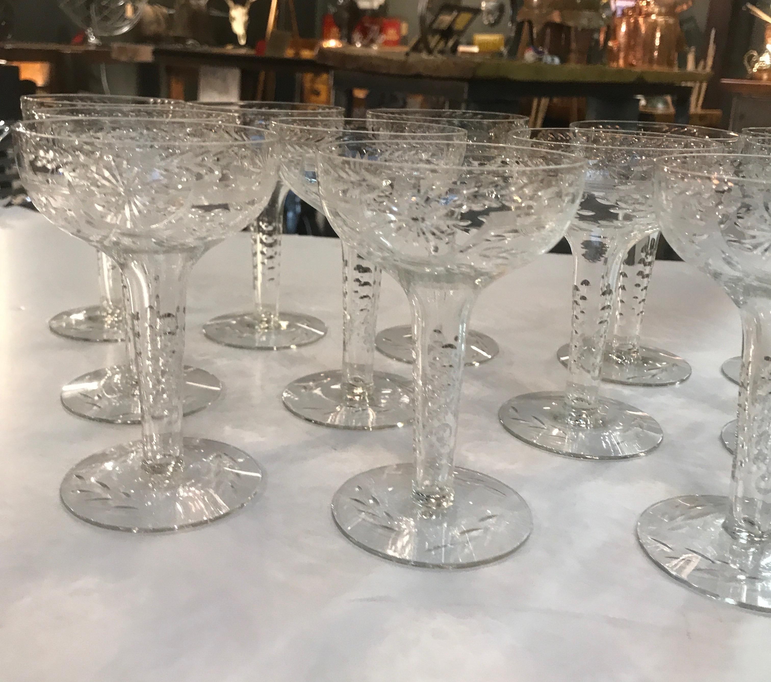 Cut Glass Set of 12 Early 20th Century Champagne Coupes with Hollow Stems