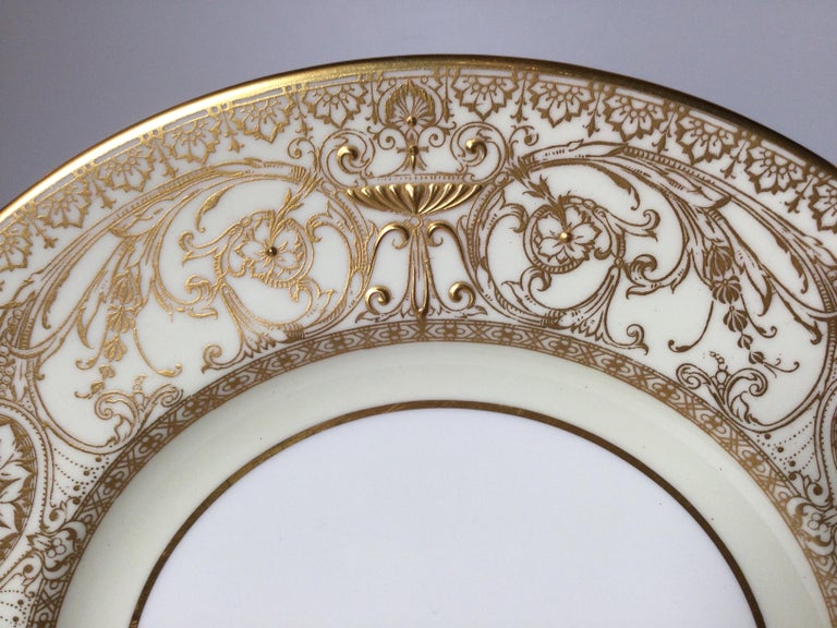 American Set of 12 English Raised Gilt Porcelain Dinner Service Plates For Sale