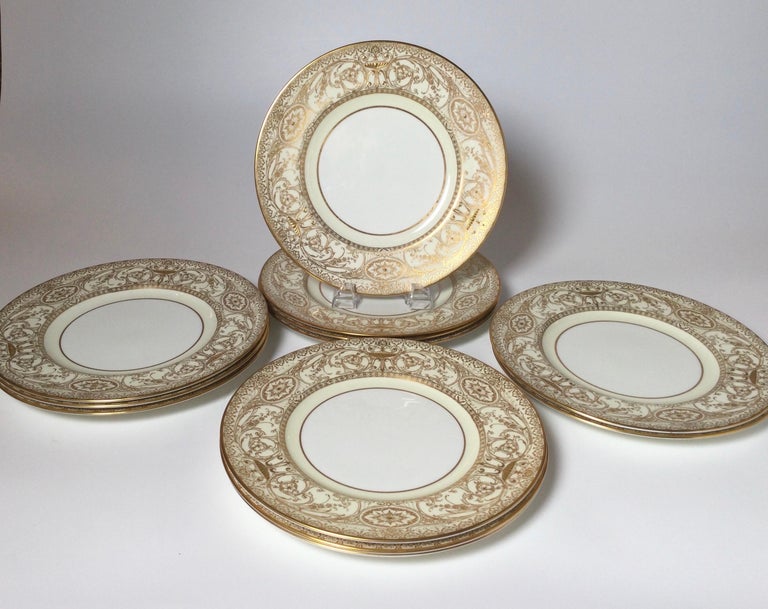 Mid-20th Century Set of 12 English Raised Gilt Porcelain Dinner Service Plates For Sale