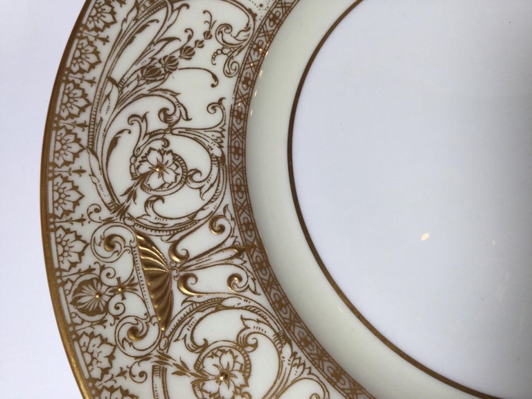Set of 12 English Raised Gilt Porcelain Dinner Service Plates For Sale 1