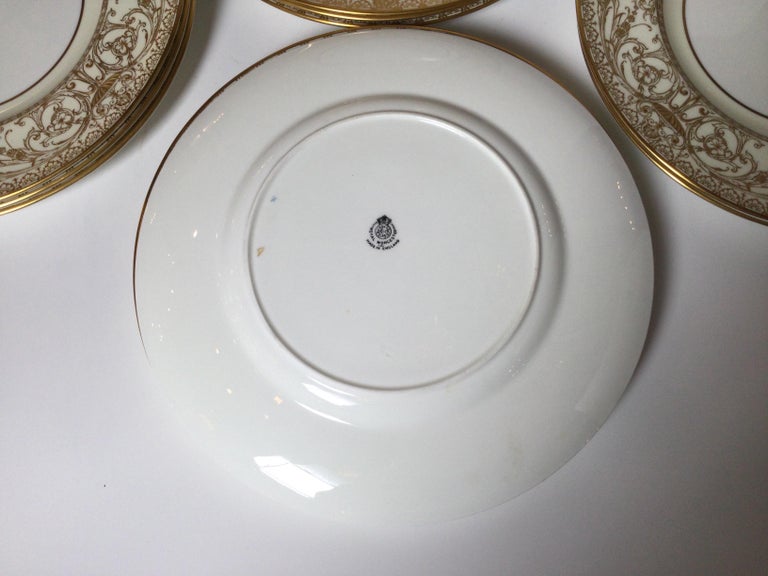 Set of 12 English Raised Gilt Porcelain Dinner Service Plates For Sale 2