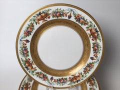 Set of 12 Gilt Banded Service Dinner Plates with Fruit Borders