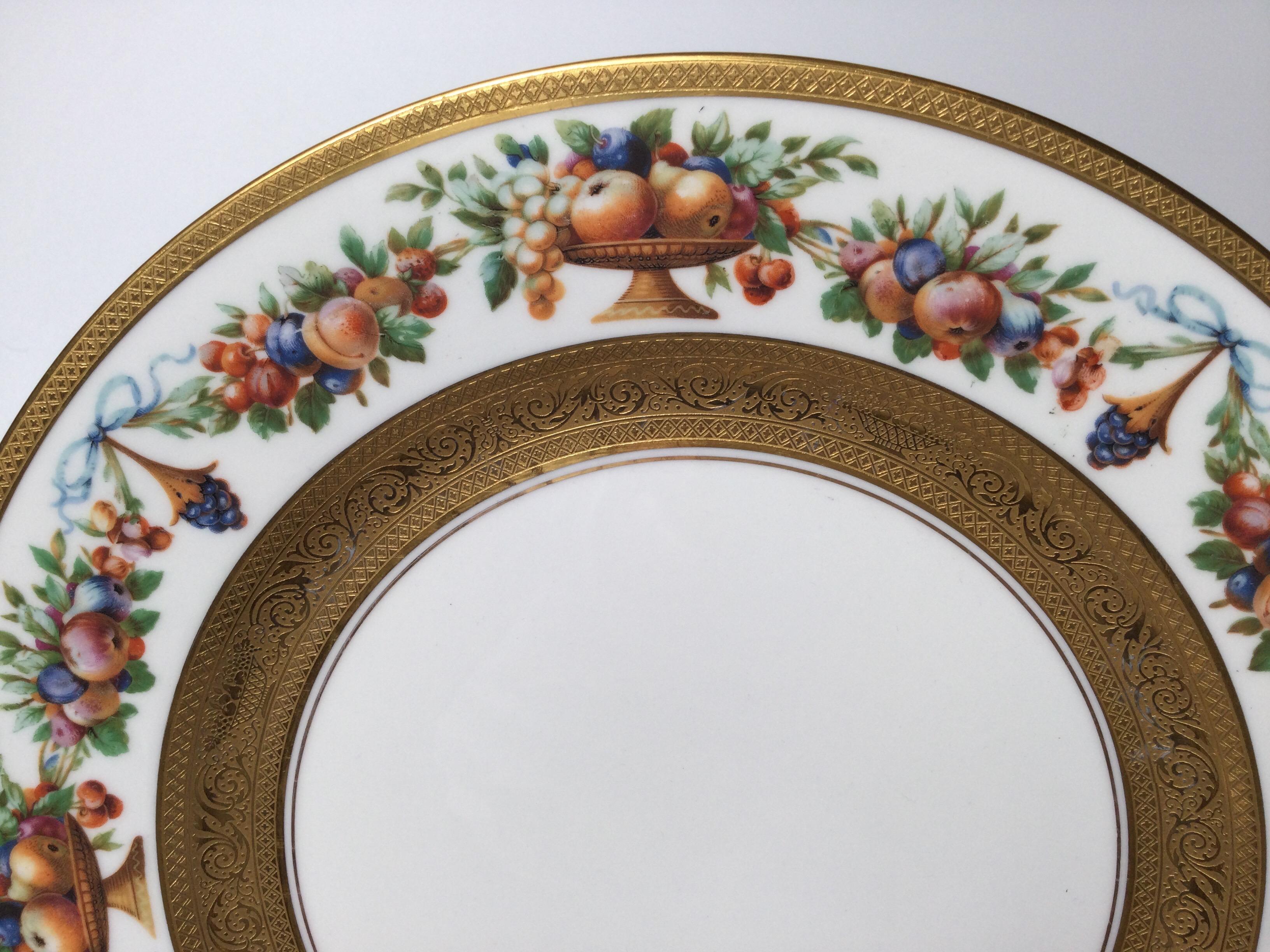 German Set of 12 Gilt Banded Service Dinner Plates with Fruit Borders