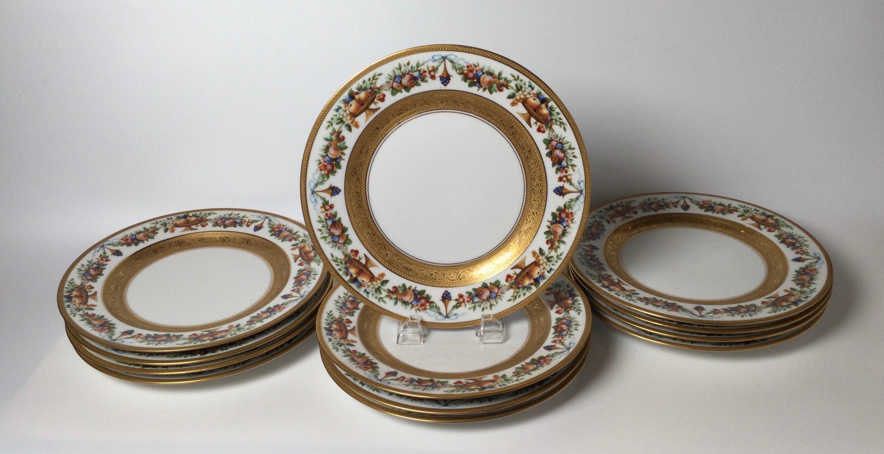 Mid-20th Century Set of 12 Gilt Banded Service Dinner Plates with Fruit Borders