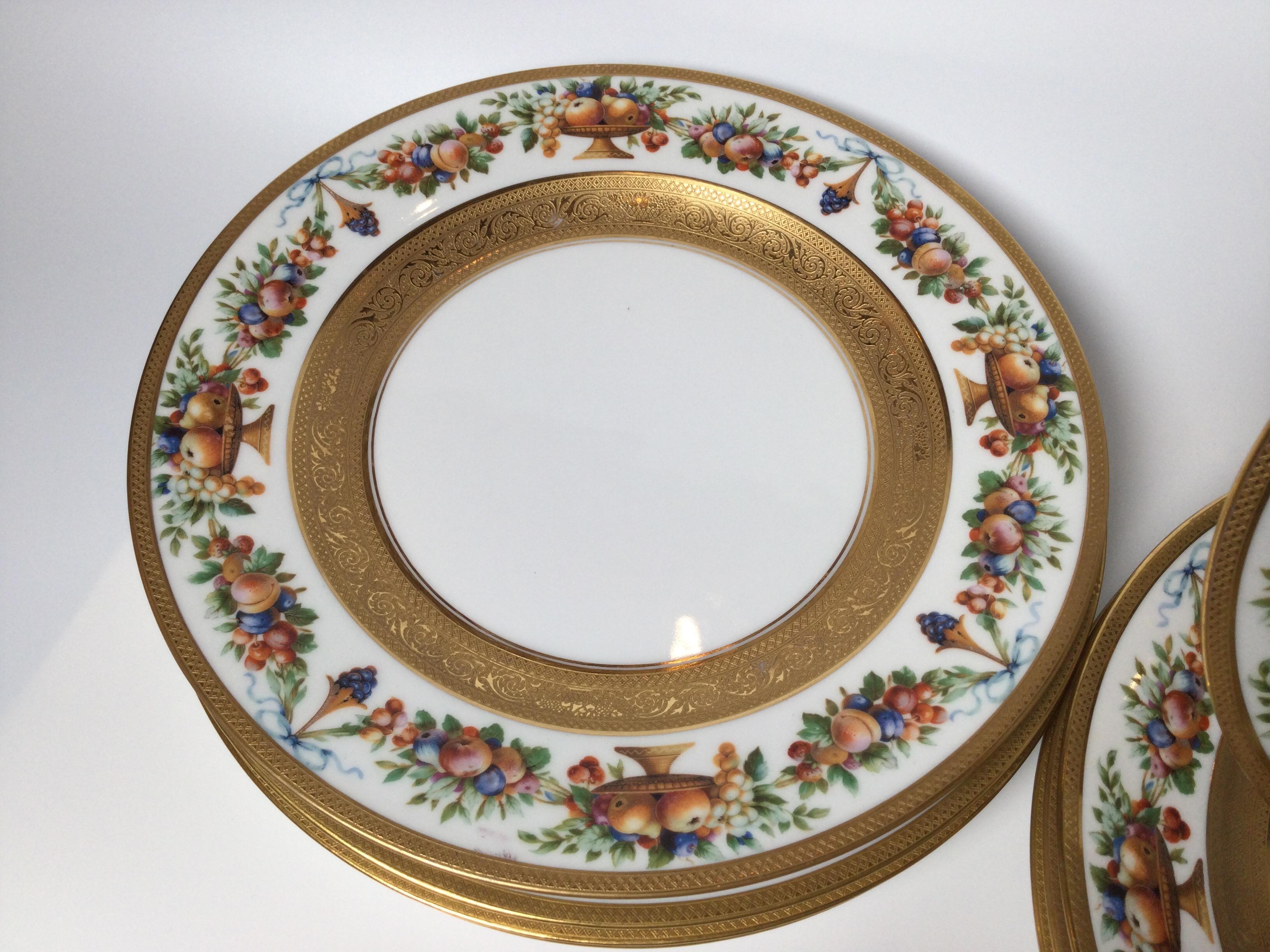 Porcelain Set of 12 Gilt Banded Service Dinner Plates with Fruit Borders
