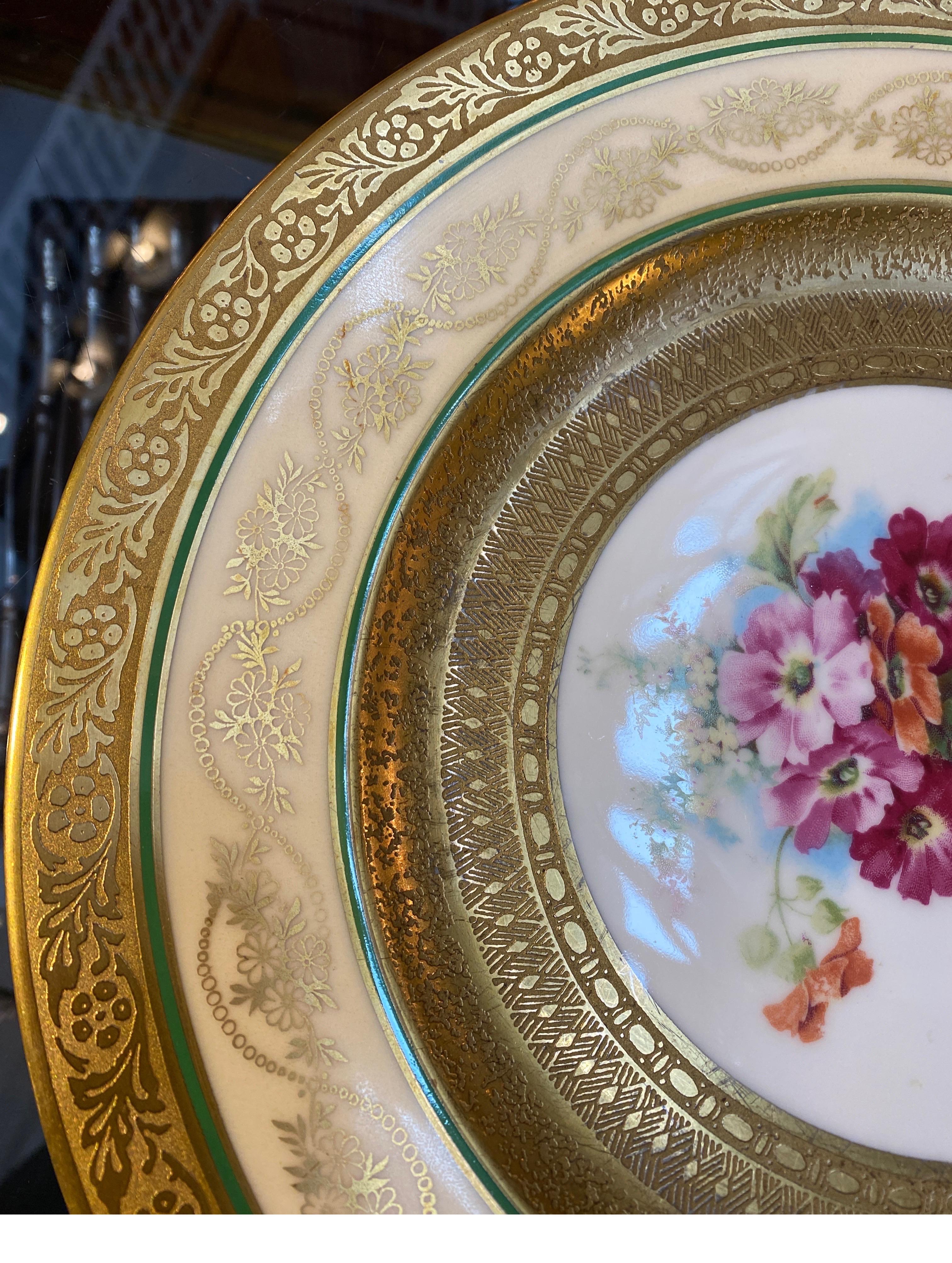 Set of 12 Gold Encrusted Floral Service Dinner Plates, 1920's Germany In Excellent Condition For Sale In Lambertville, NJ