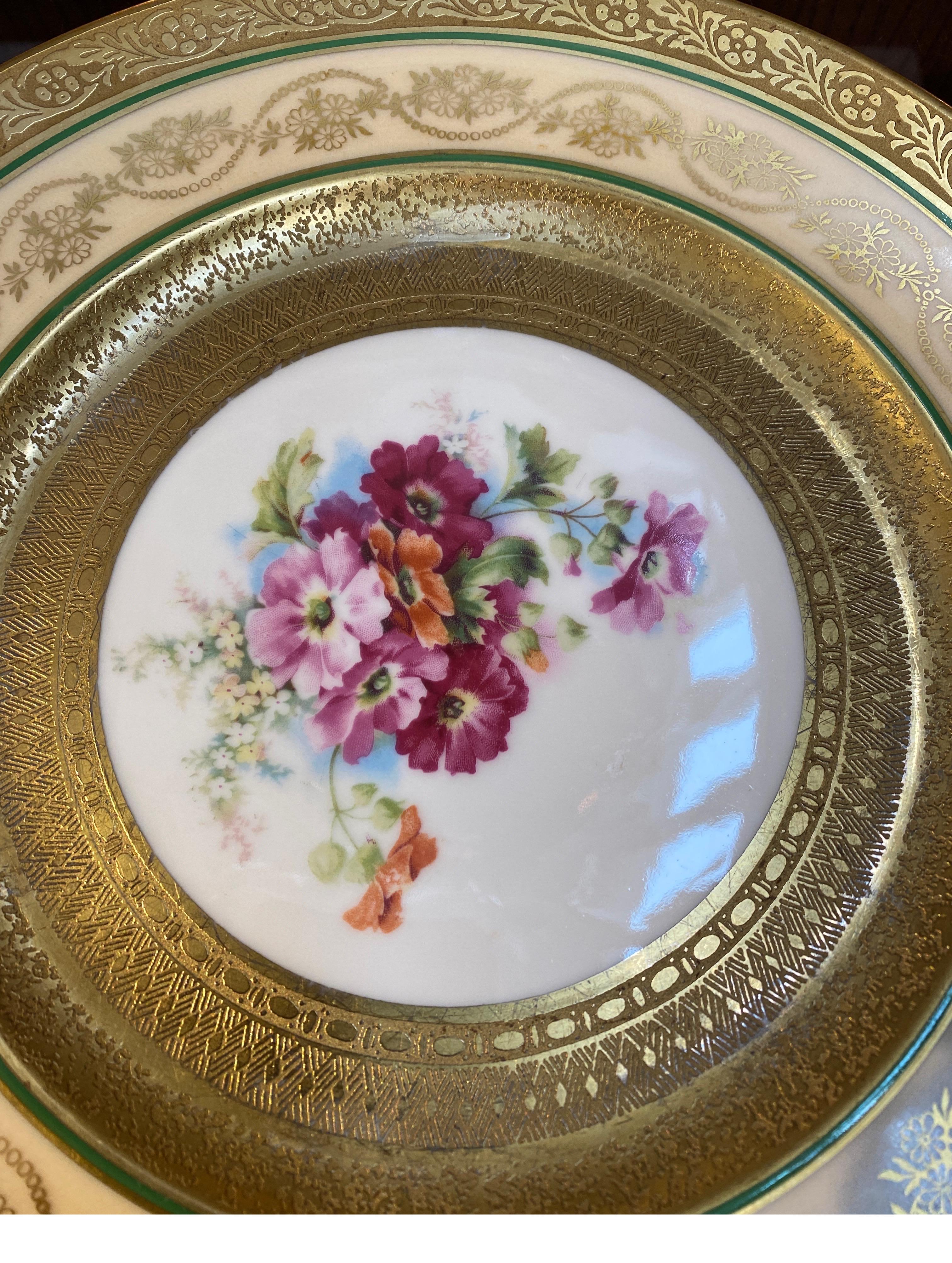 Early 20th Century Set of 12 Gold Encrusted Floral Service Dinner Plates, 1920's Germany For Sale