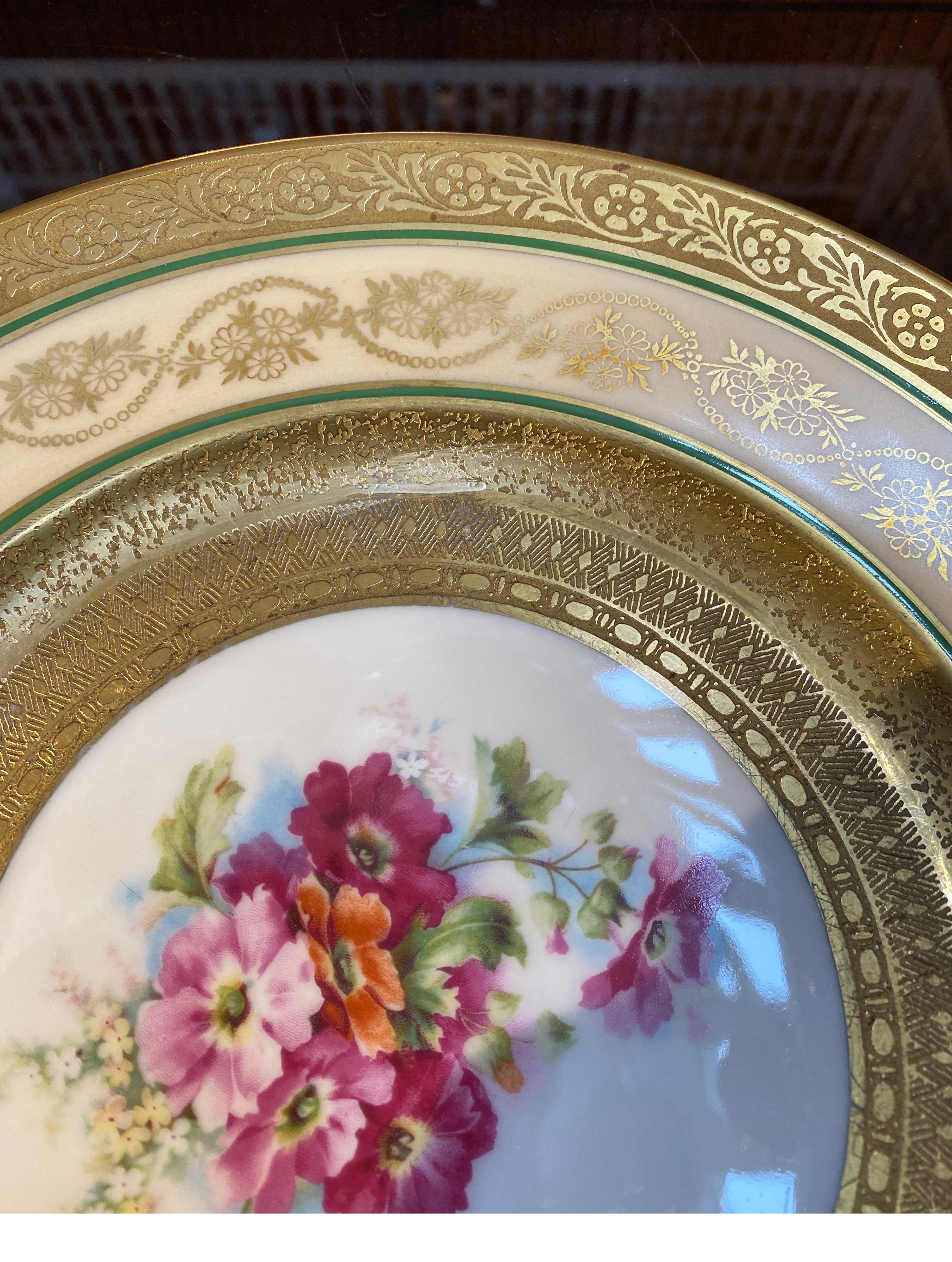 Porcelain Set of 12 Gold Encrusted Floral Service Dinner Plates, 1920's Germany For Sale