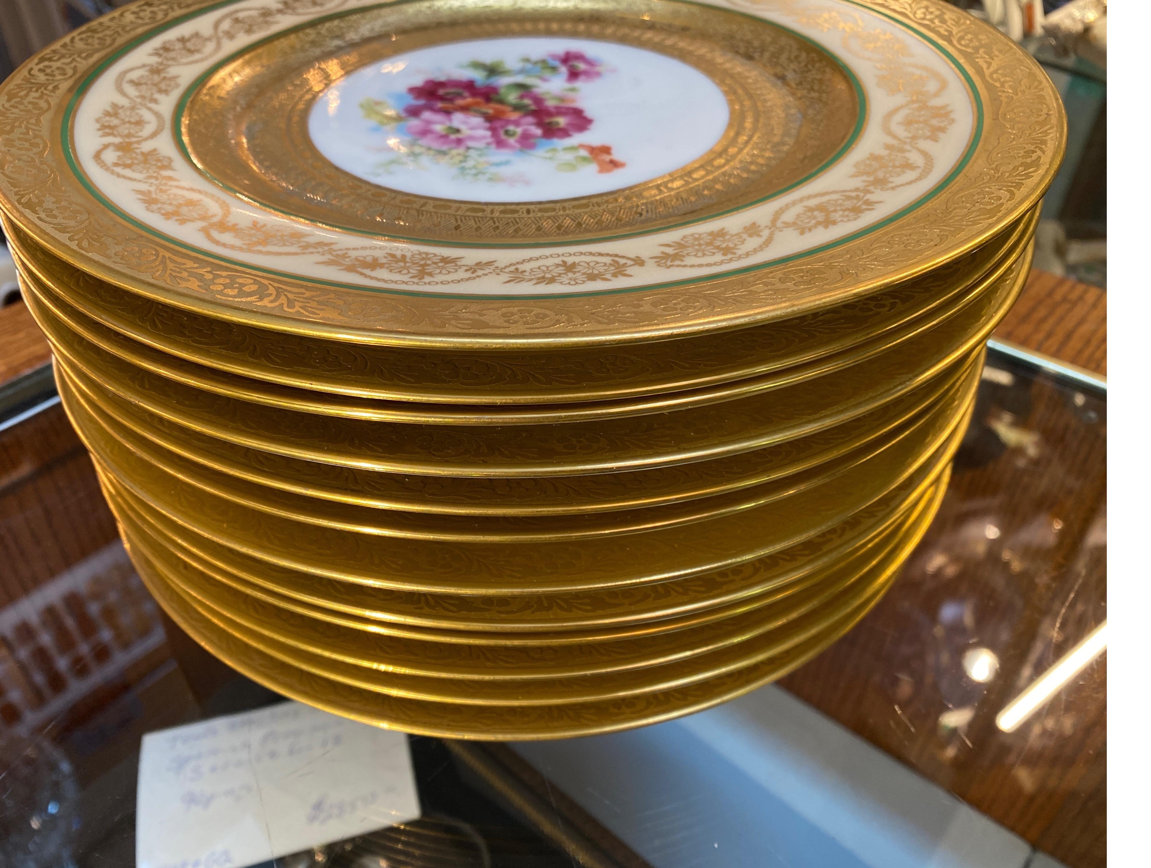 Set of 12 Gold Encrusted Floral Service Dinner Plates, 1920's Germany For Sale 2