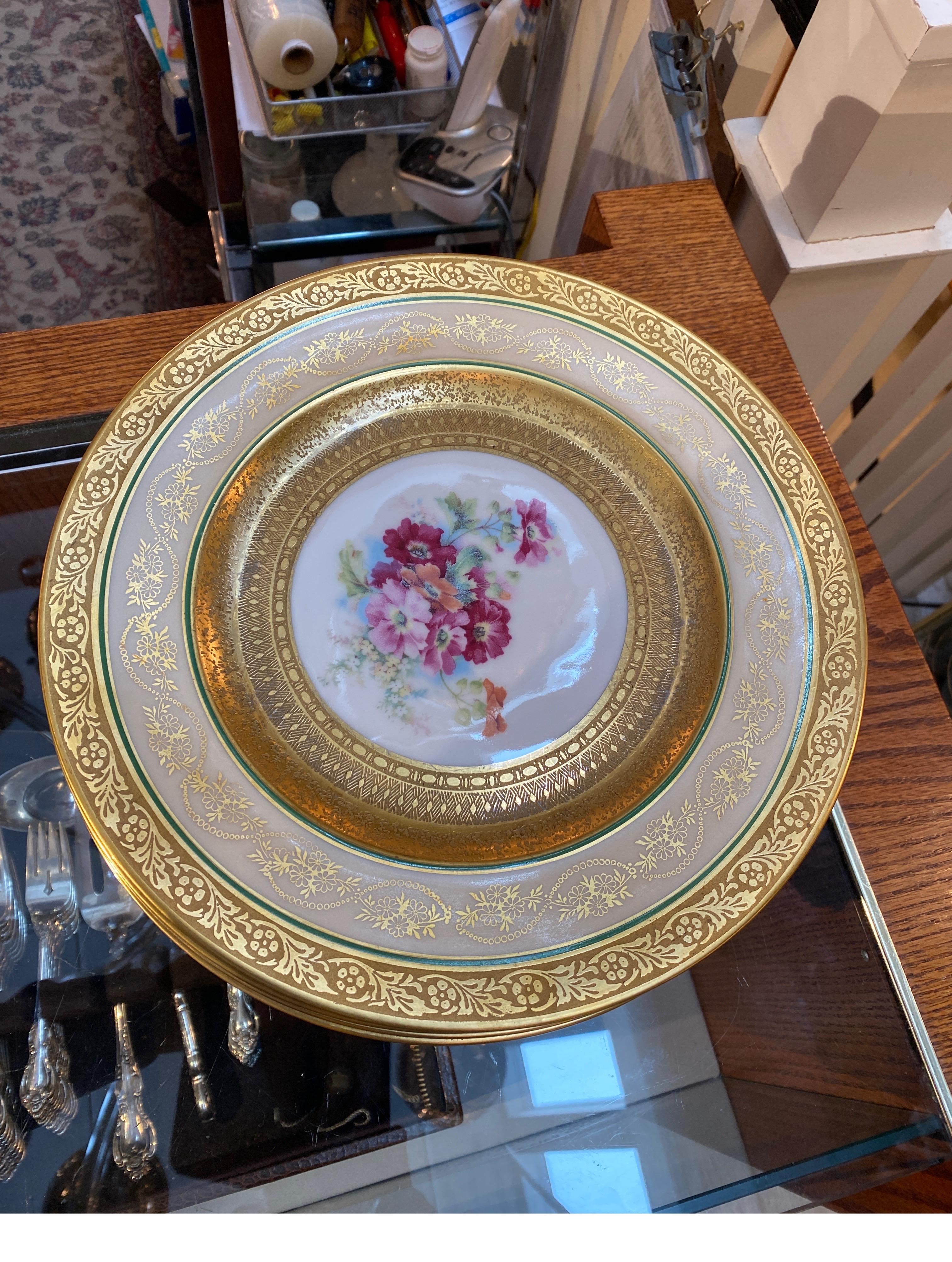 Set of 12 Gold Encrusted Floral Service Dinner Plates, 1920's Germany For Sale 4