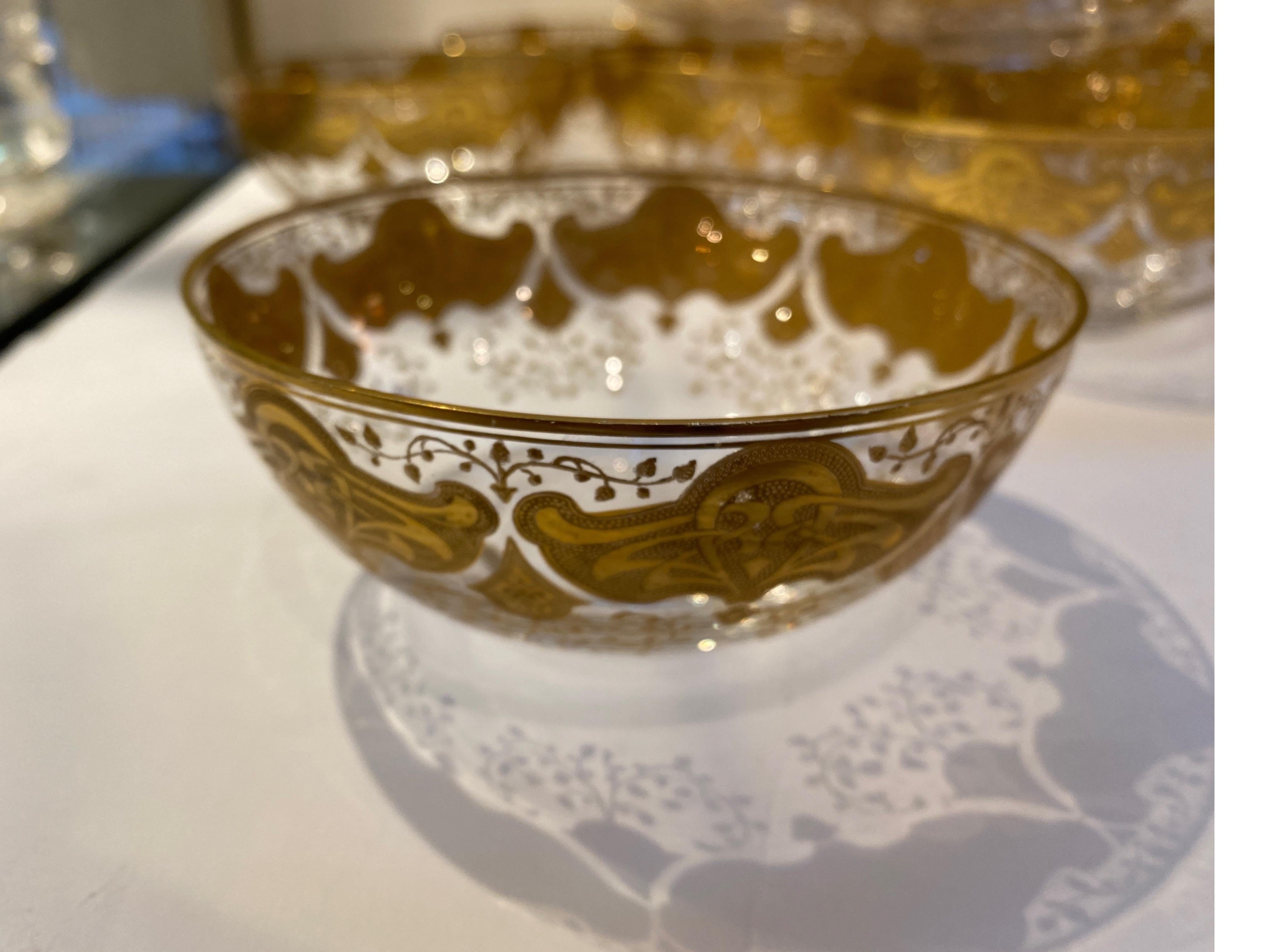 A set of hand blown and hand gilt finger bowl made by Moser Glass circa 1895, The decoration is a strong Art Nouvea influence, all in excellent condition.