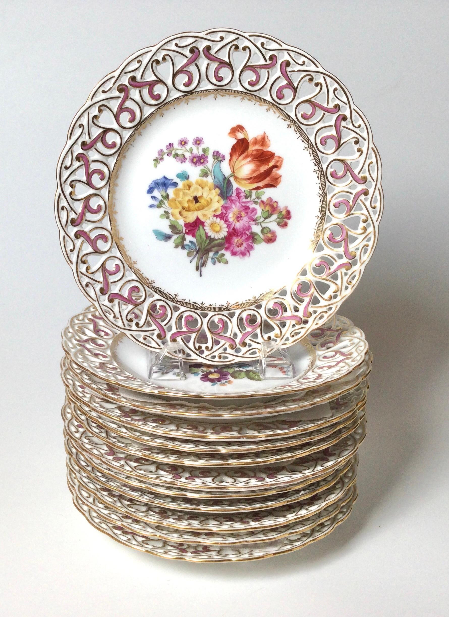 Set of 12 Hand Painted Dresden Reticulated Accent Plates 4