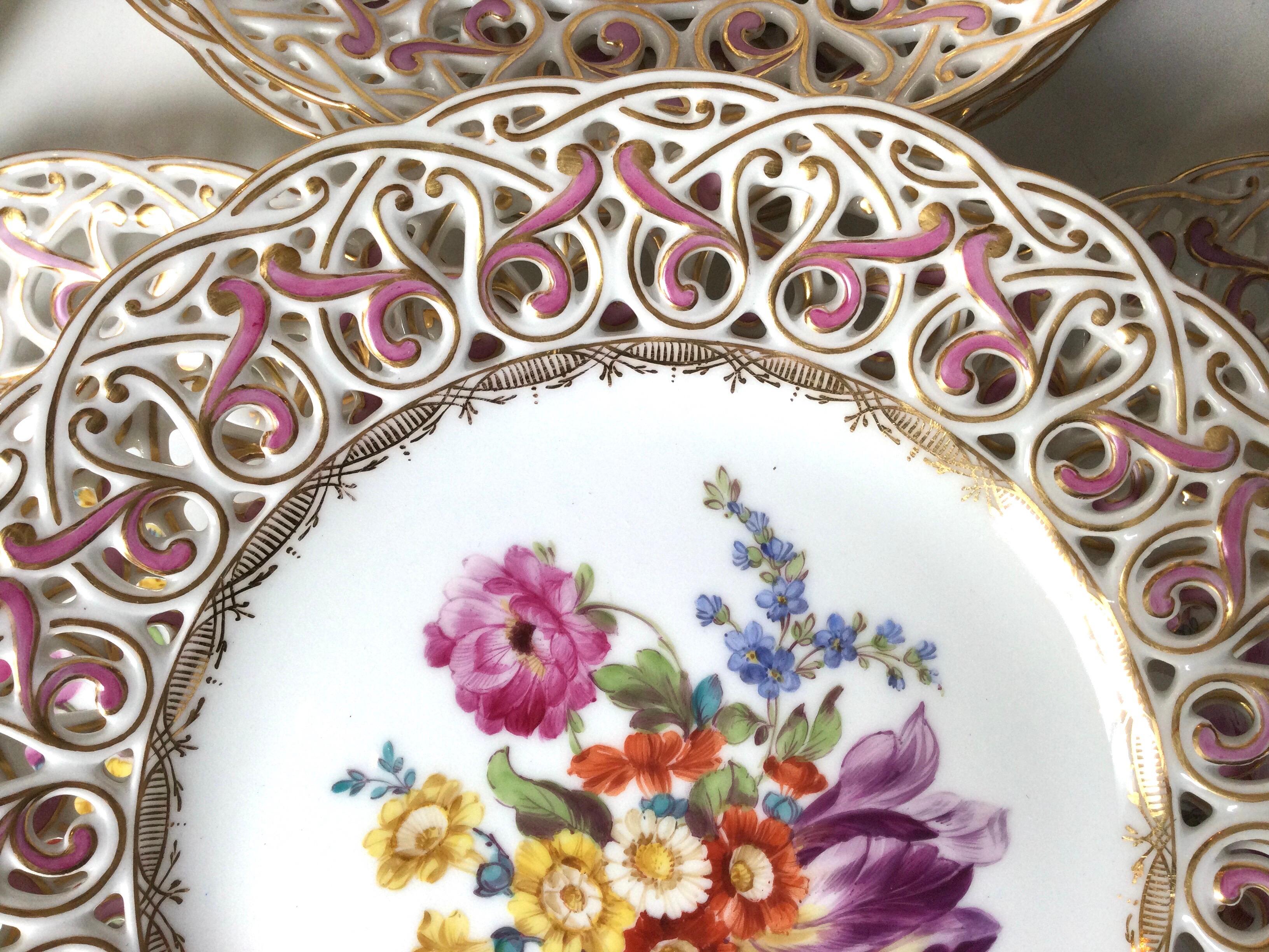 German Set of 12 Hand Painted Dresden Reticulated Accent Plates