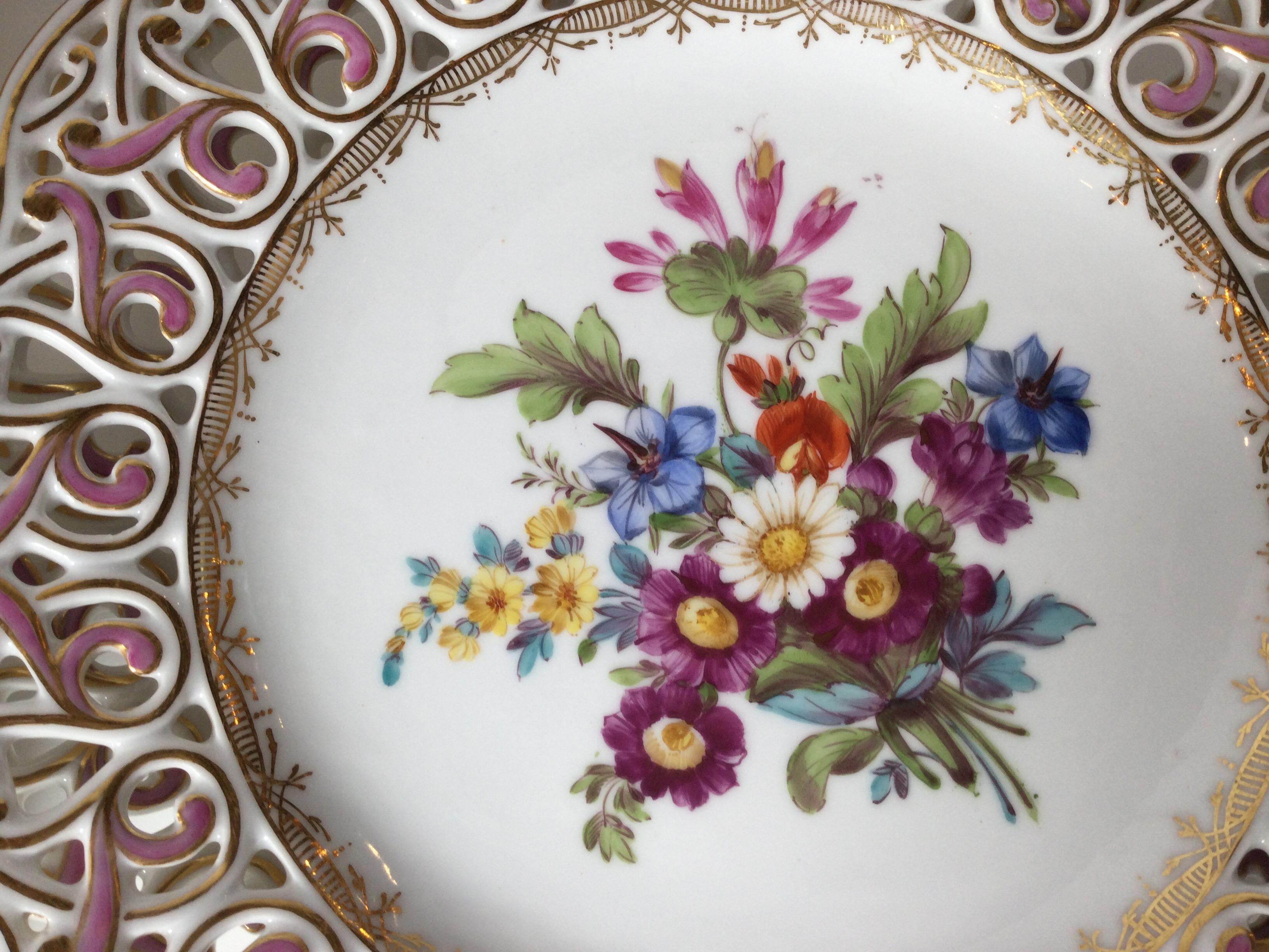 Set of 12 Hand Painted Dresden Reticulated Accent Plates In Excellent Condition In Lambertville, NJ