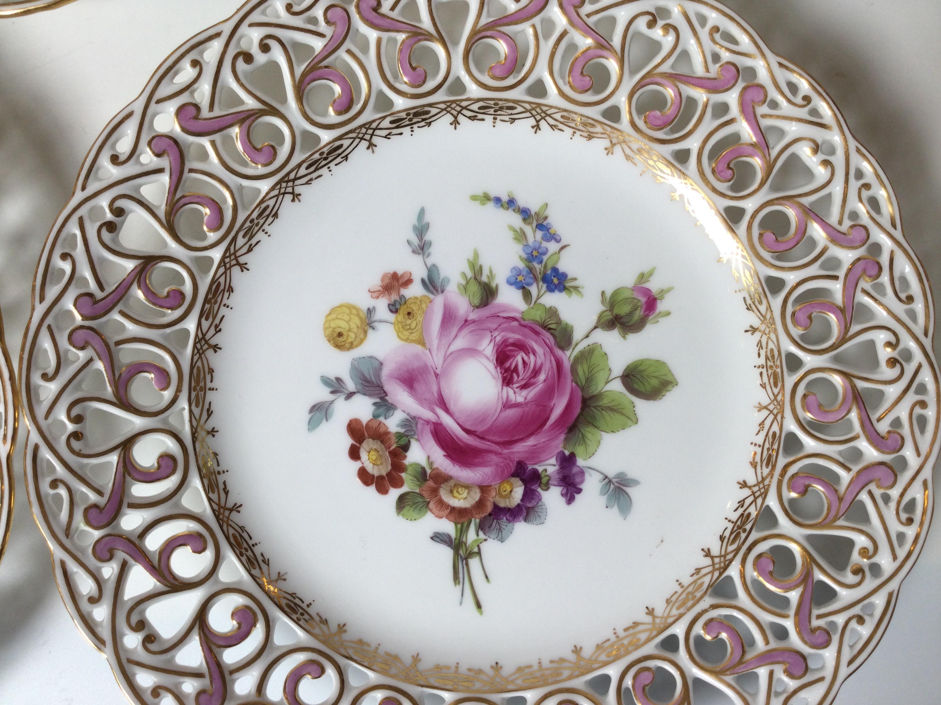 Porcelain Set of 12 Hand Painted Dresden Reticulated Accent Plates