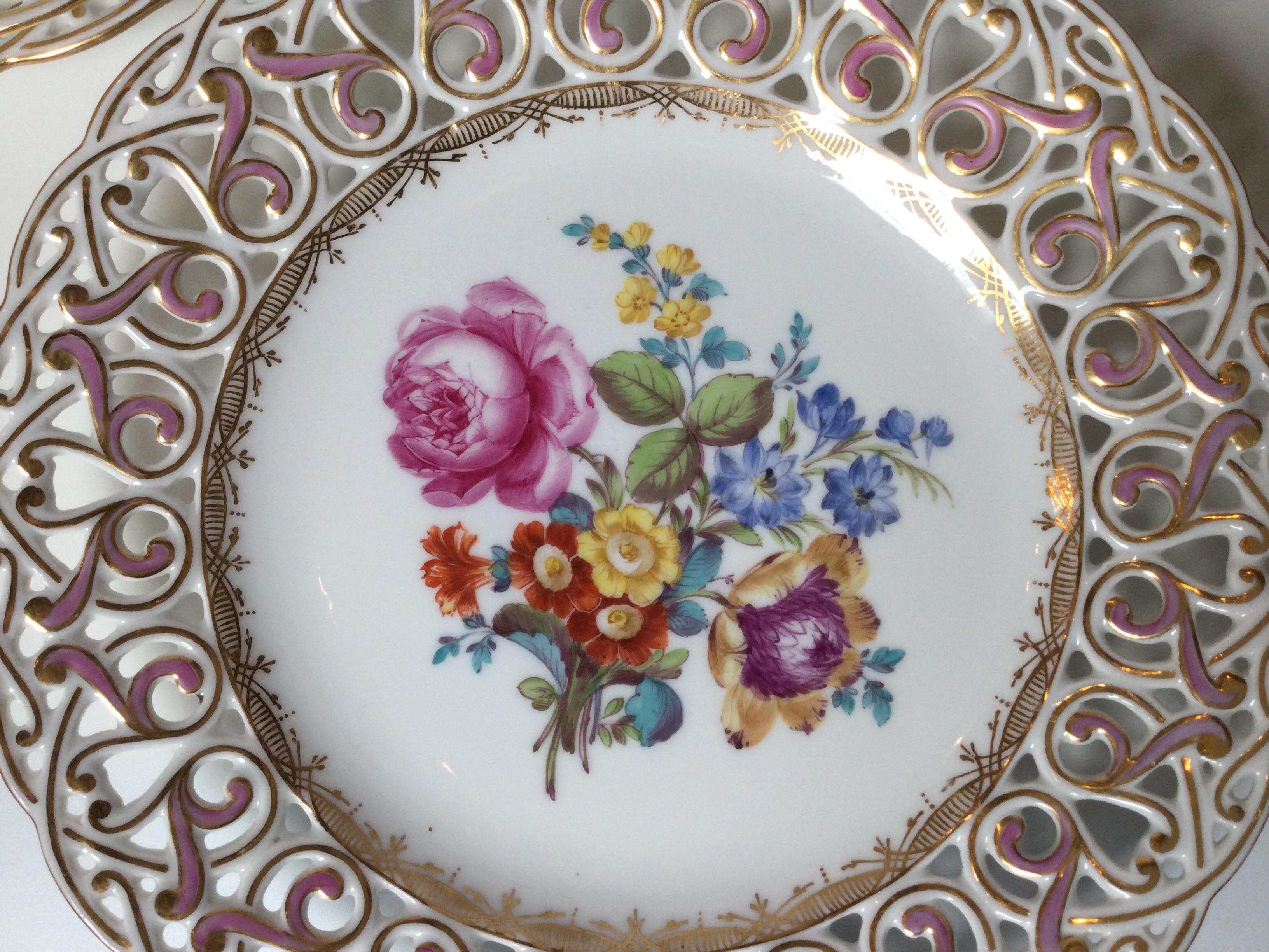 Set of 12 Hand Painted Dresden Reticulated Accent Plates 1