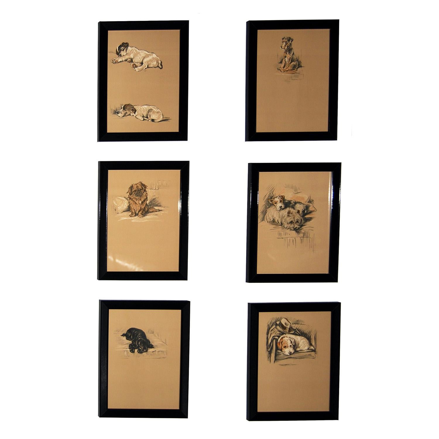 A charming set of dog prints from the 1930s by Lucy Dawson. Presented in bespoke frames behind Tru Vu glass which affords the prints some protection and cuts reflection.