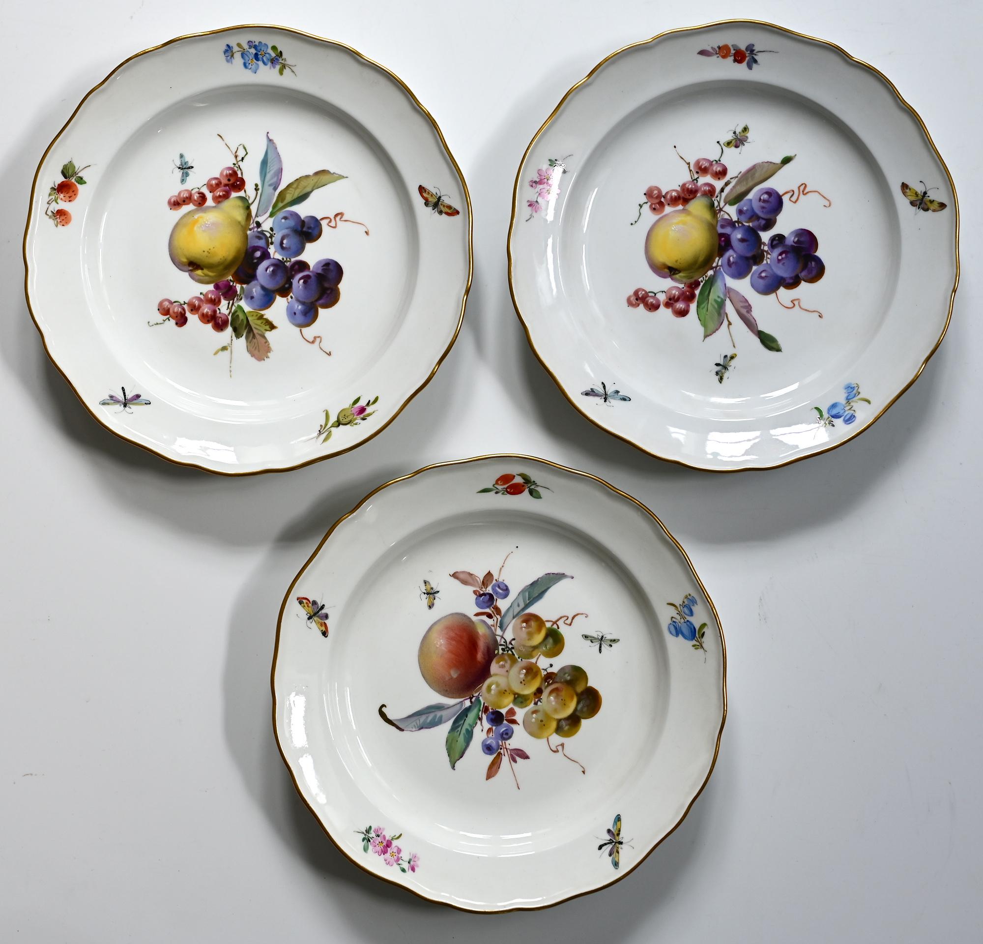 Fired Set of 12 Meissen Plates with Fruits, Insects and Flowers 19.Jhdt Porcelain