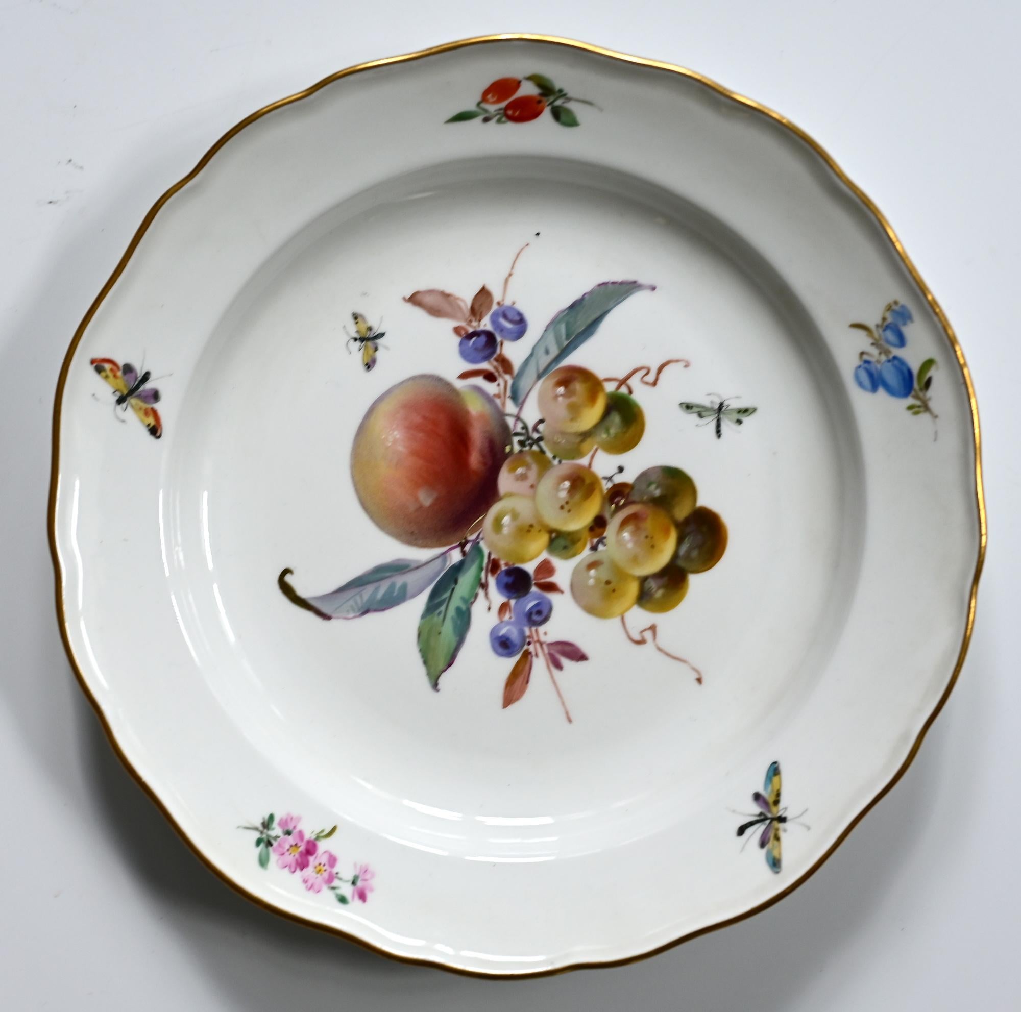 Mid-19th Century Set of 12 Meissen Plates with Fruits, Insects and Flowers 19.Jhdt Porcelain