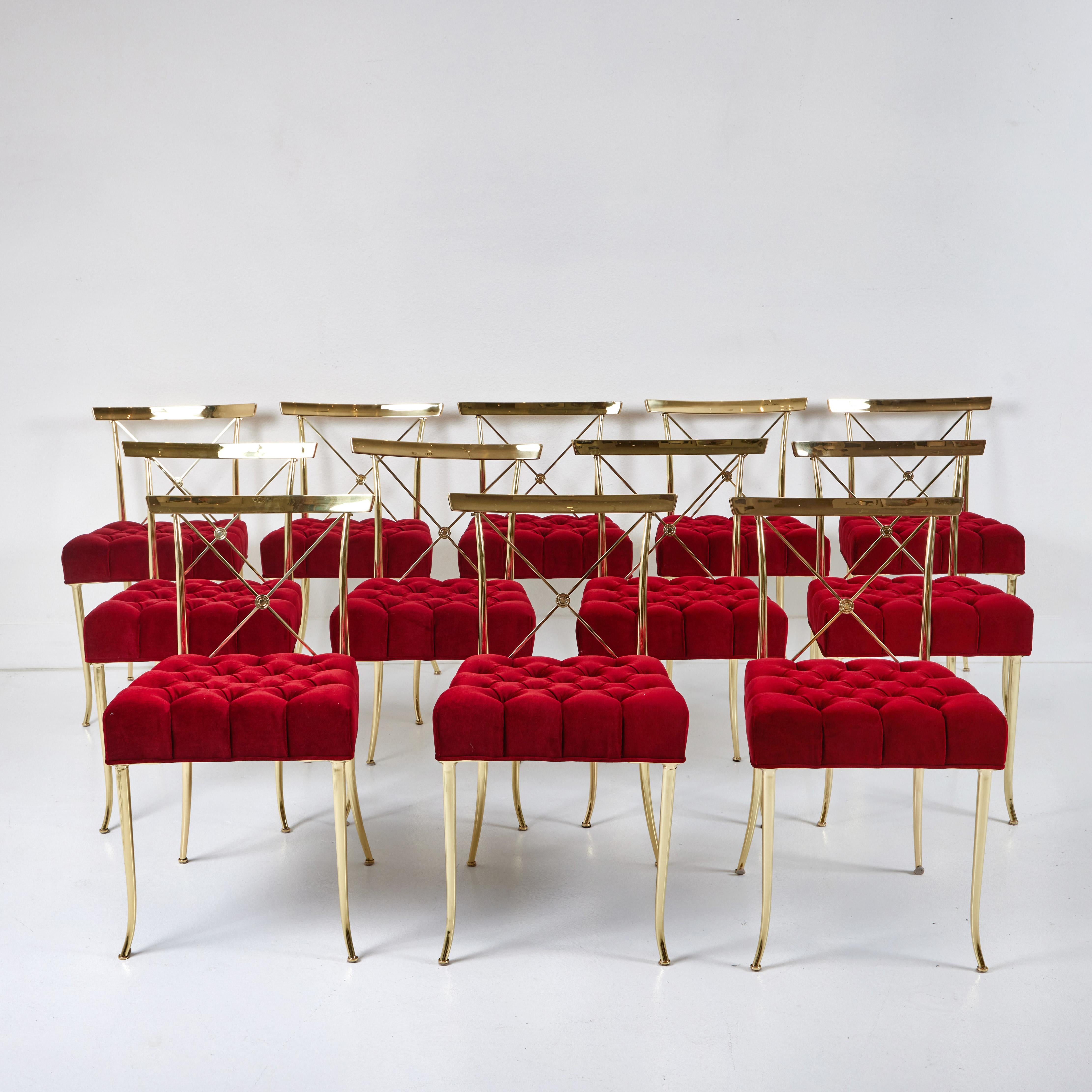 These 8 X back dining chairs have been completely restored. The chairs were taken apart and all the brass elements were wheel polished then clear coated to prevent tarnish. The gleaming chairs feature a graceful kicked front leg as well as a stylish
