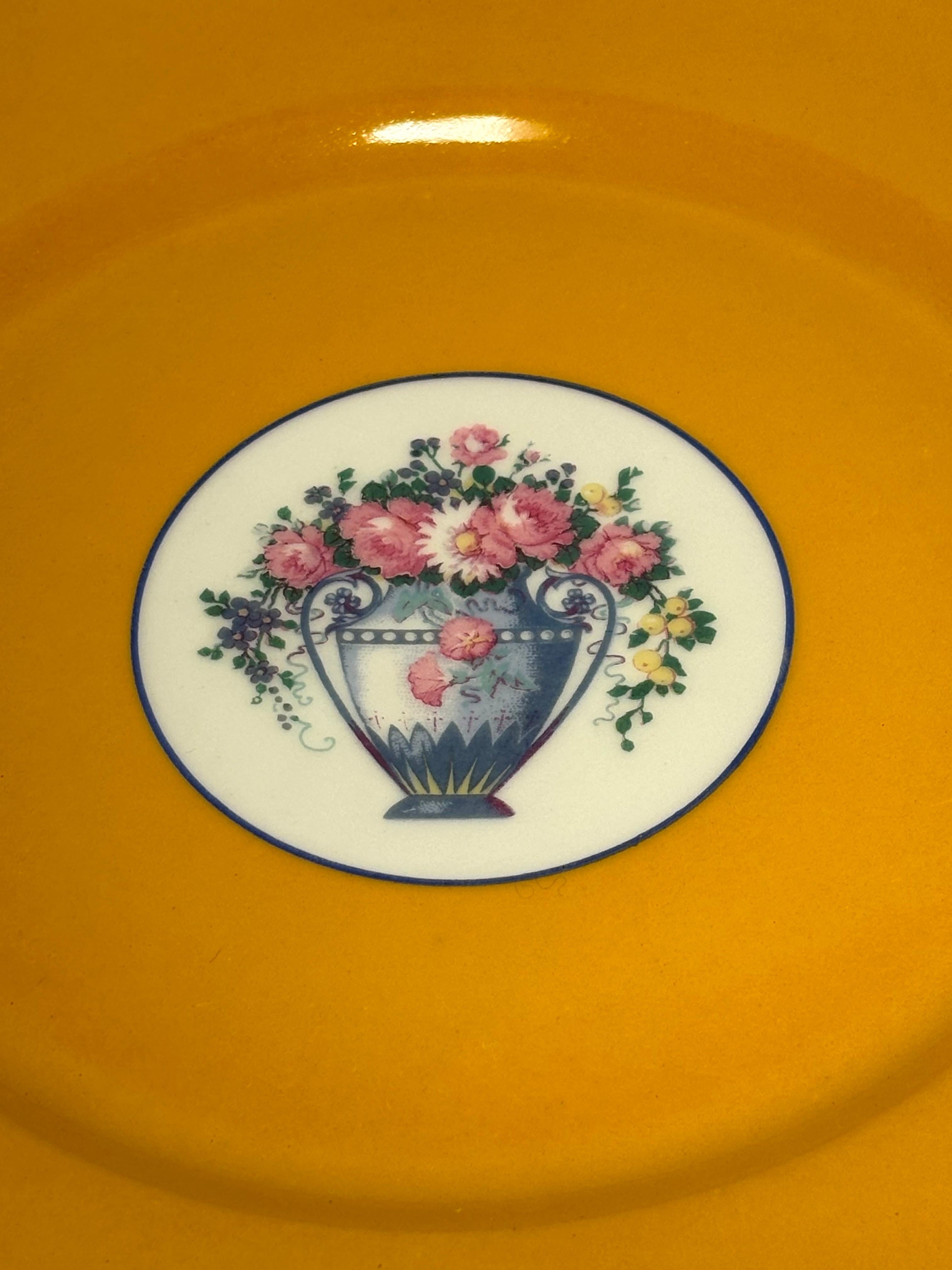 French A Set of 12 Plates, Antique Limoges Vibrant Yellow and Floral Bouquet Design