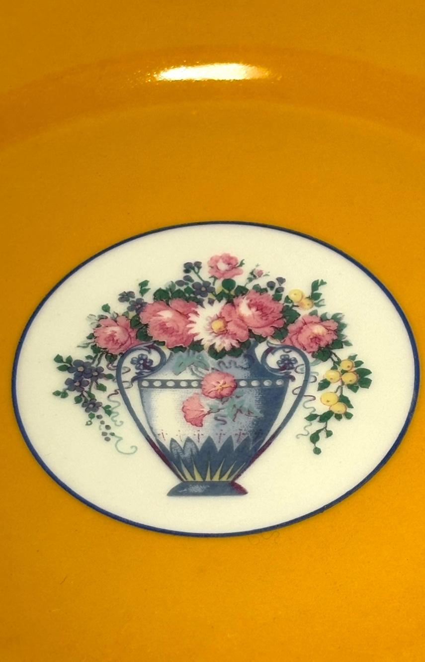 Early 20th Century A Set of 12 Plates, Antique Limoges Vibrant Yellow and Floral Bouquet Design
