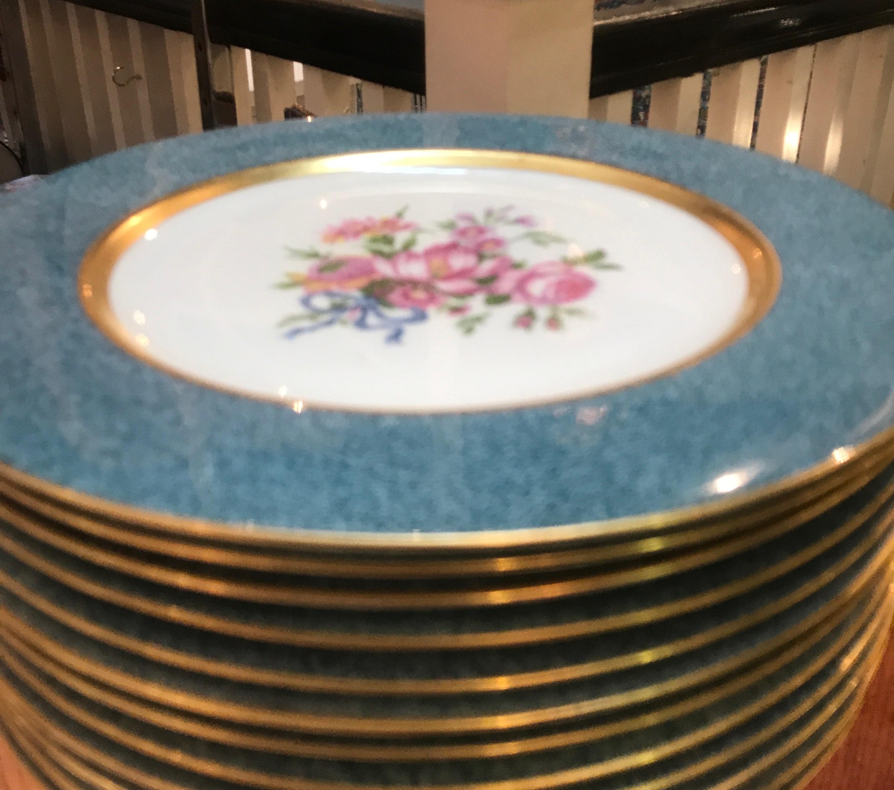 Mid-20th Century Set of 12 Theodore Haviland Floral and Gilt Service Dinner Plates 10.75 Diameter For Sale