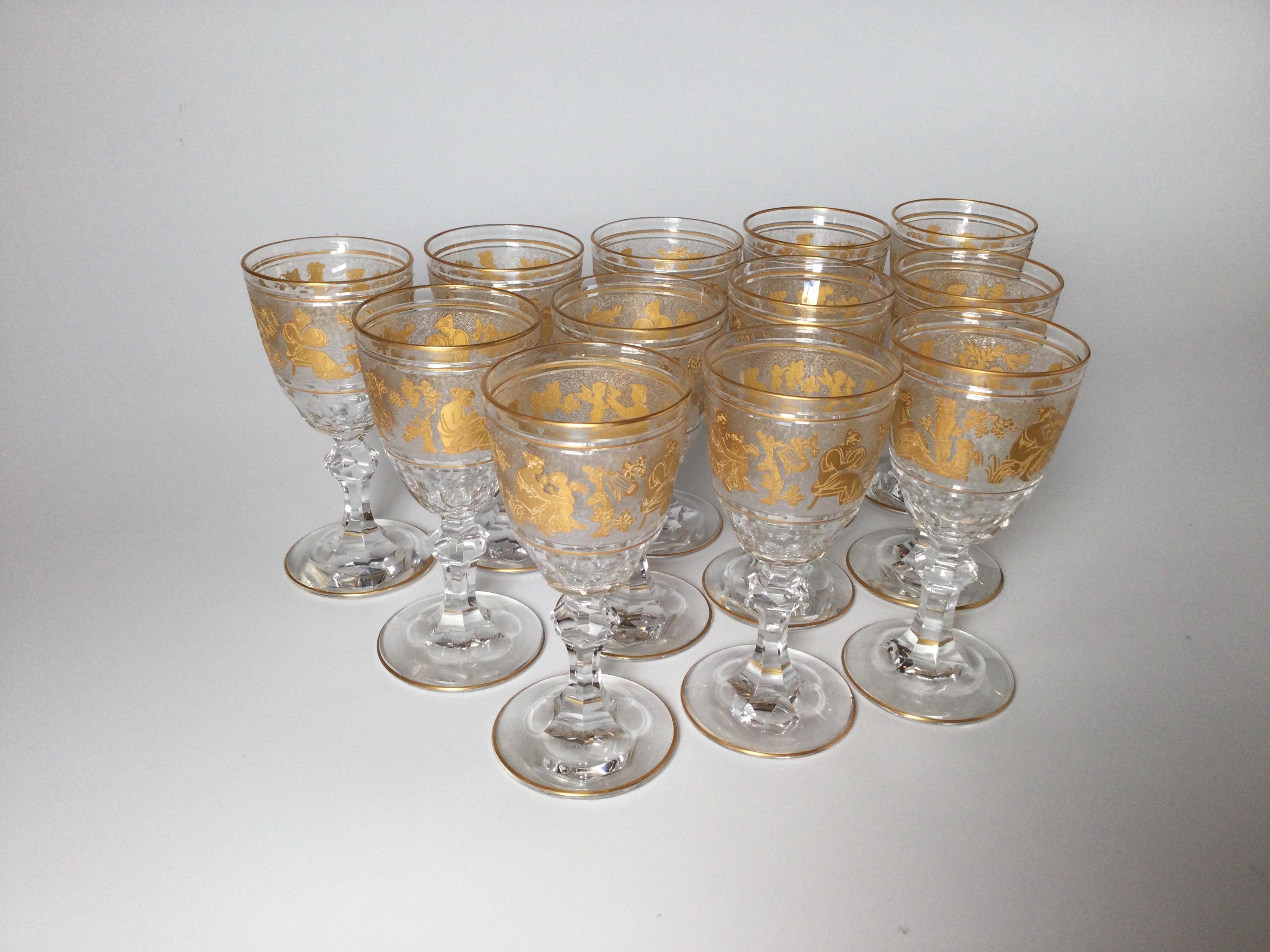 Neoclassical Set of 12 Val St. Lambert Acid Etched and Gilt Short Wine or Port Stems