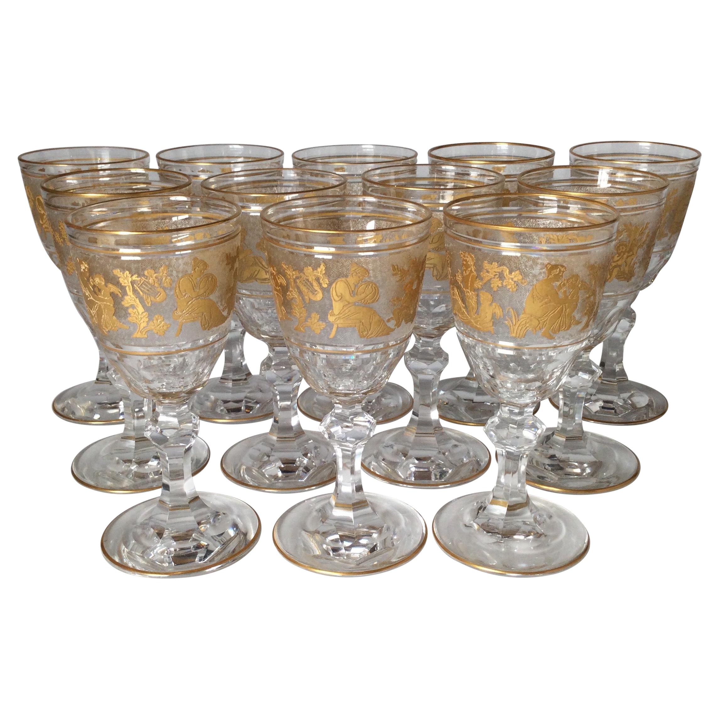 Set of 12 Val St. Lambert Acid Etched and Gilt Short Wine or Port Stems